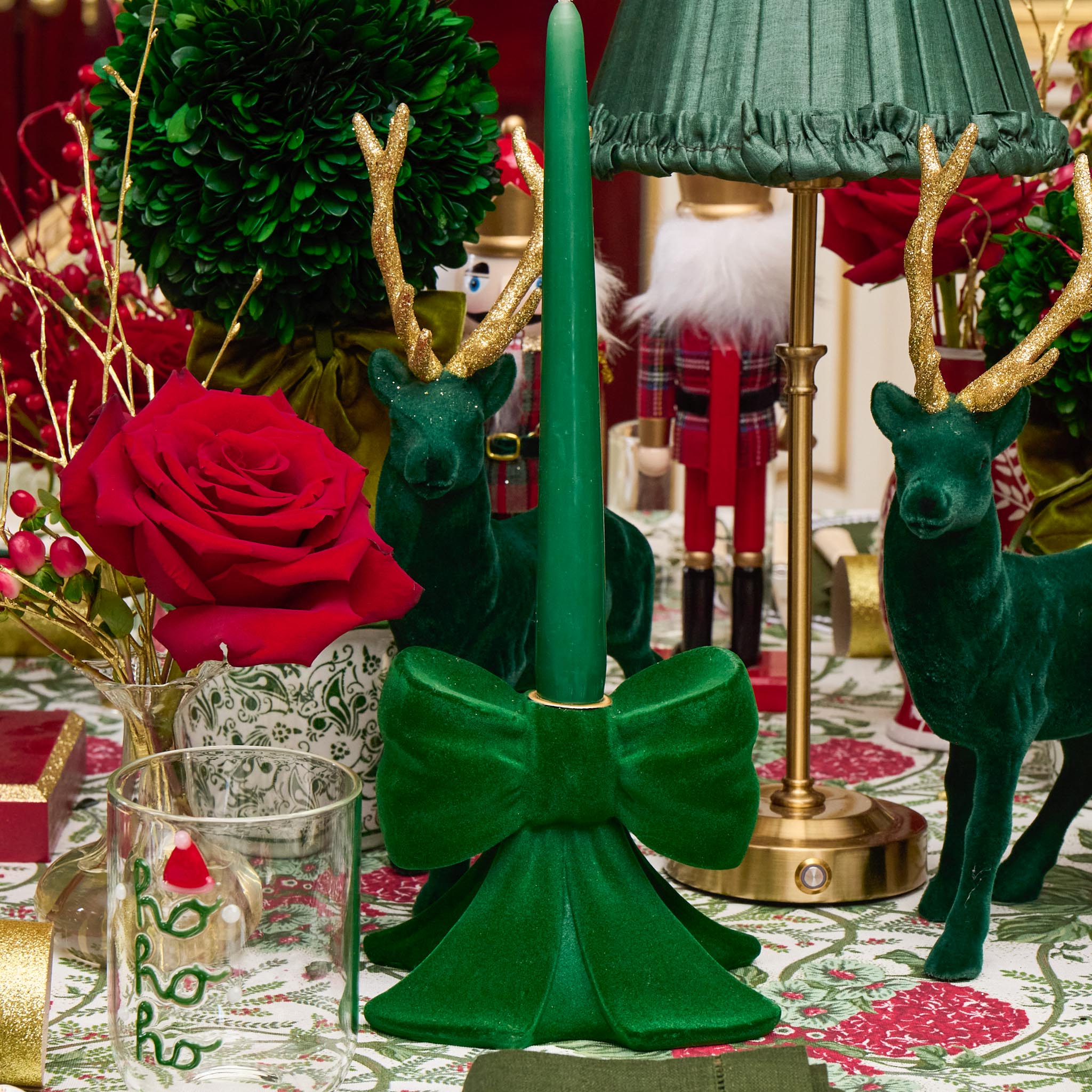 Green Velvet Bow Candle Holders (Pair)