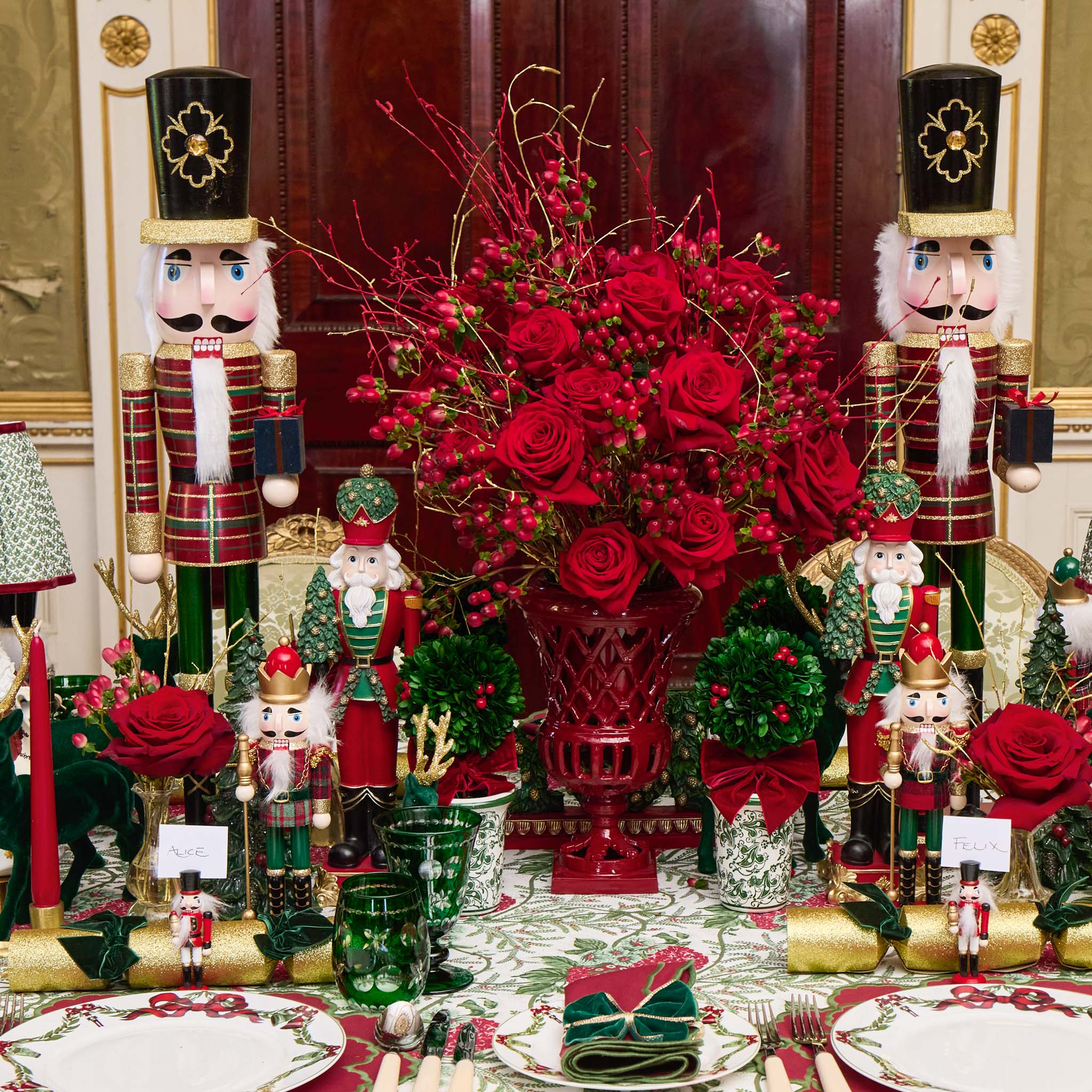 Red Ribboned Chinoiserie Potted Boxwood Balls with Berries (Pair)
