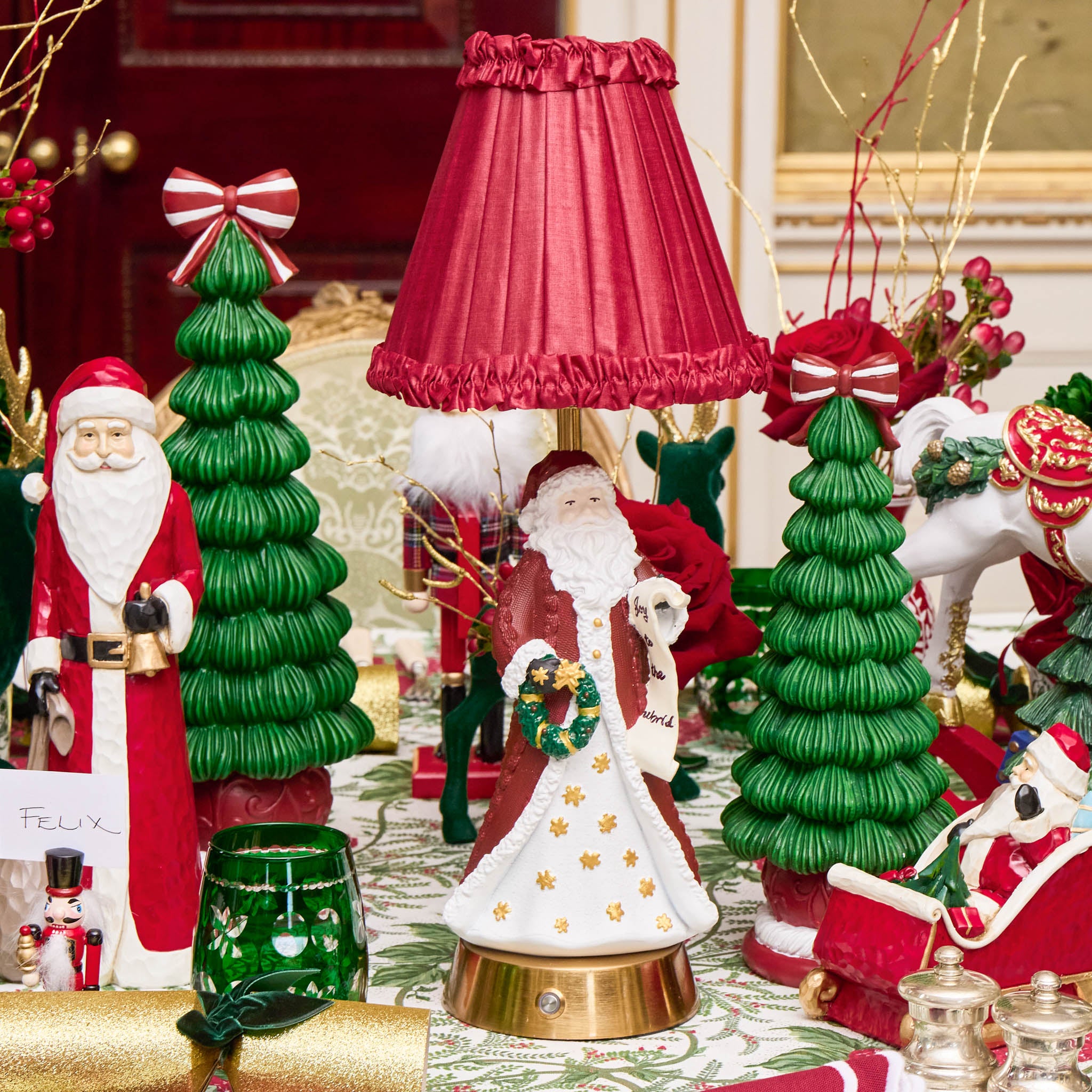 Father Christmas Rechargeable Lamp with Red Frilled Silk Shade (18cm)