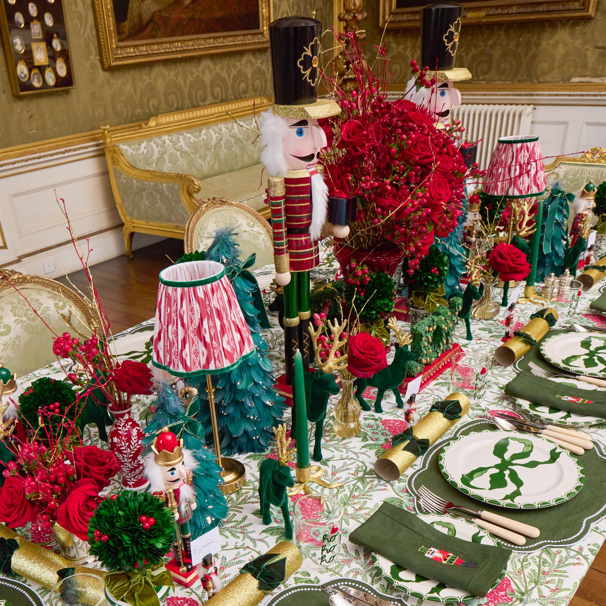 Decorative Christmas table setting with green and red accents
