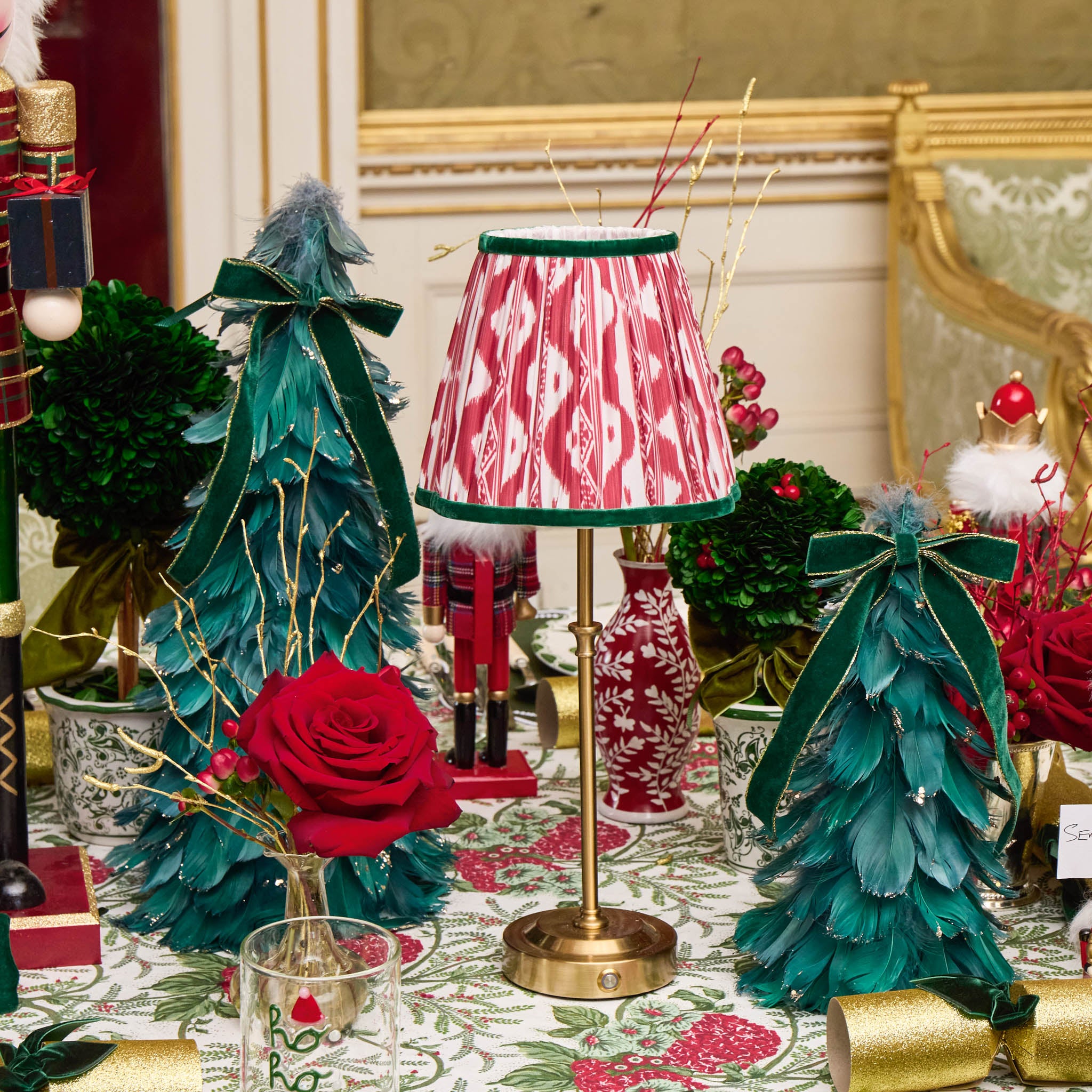 Edie Tall Rechargeable Lamp with Red & Green Ikat Shade (18cm)