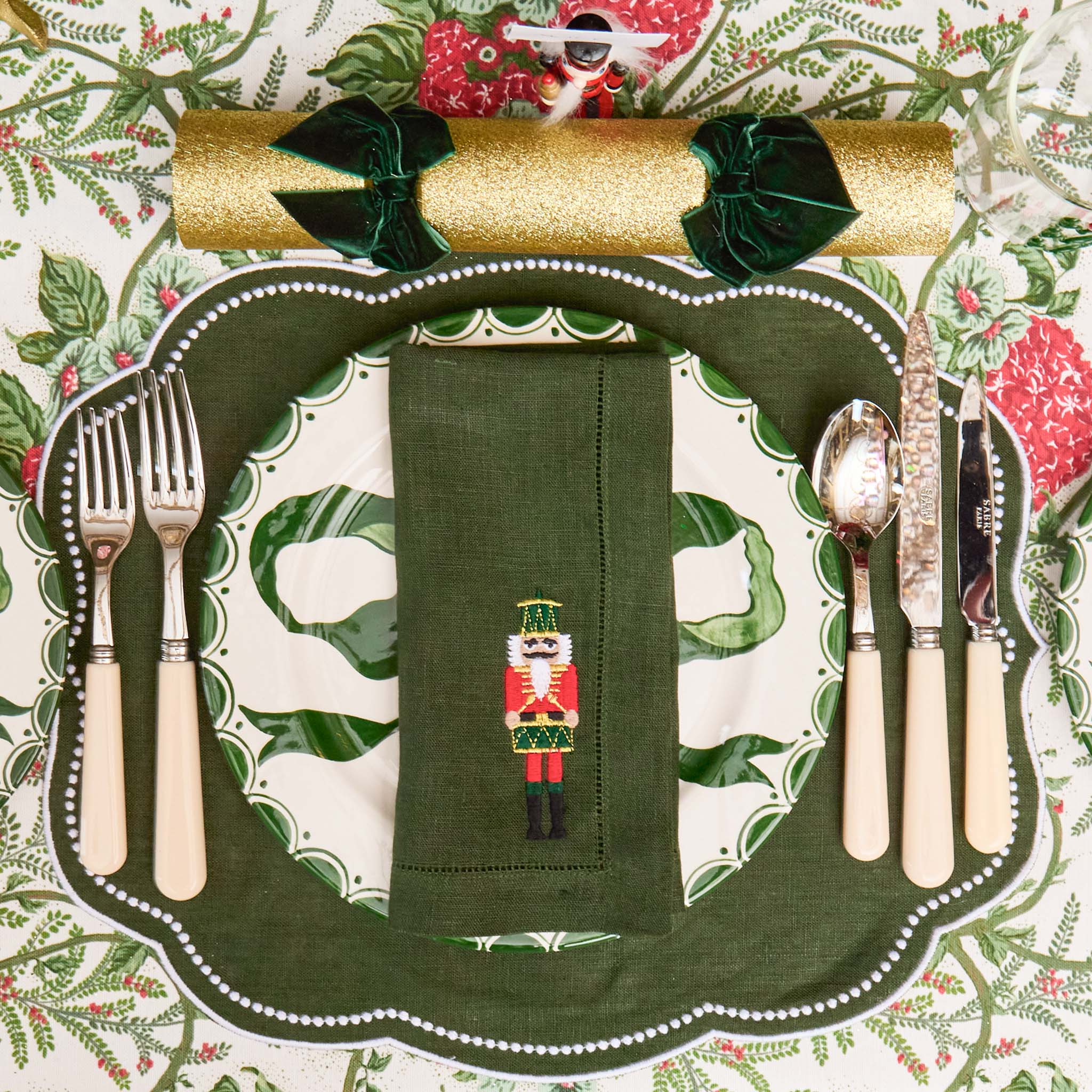 Forest Green Linen Embroidered Nutcracker Napkins (Set of 4)