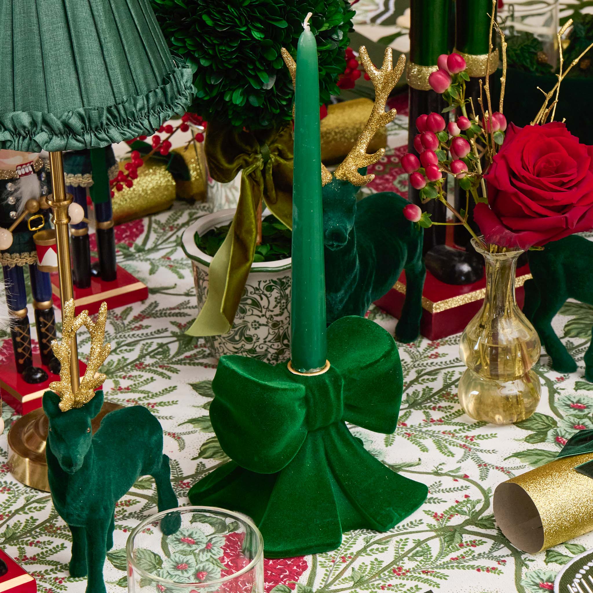 Green Velvet Bow Candle Holders (Pair)