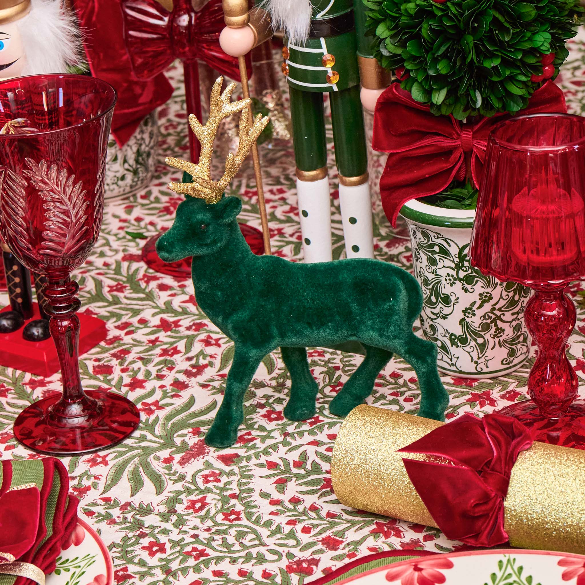 Forest Green Flocked Reindeer Family