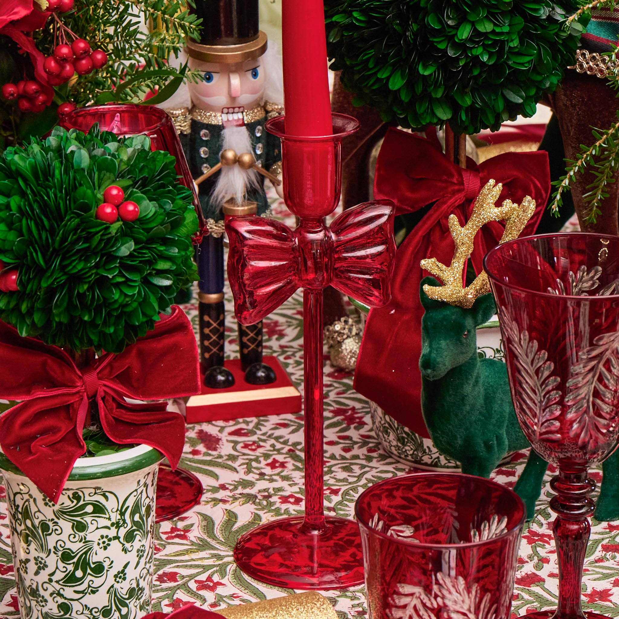 Celine Red Glass Bow Candle Holder (Pair)