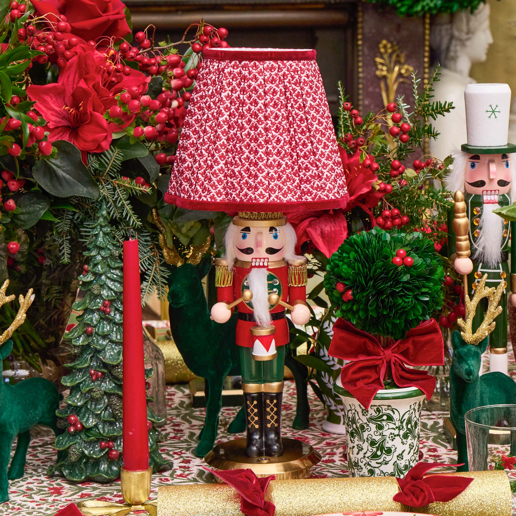 Red Traditional Nutcracker Rechargeable Lamp with Red Lotus Shade (18cm)