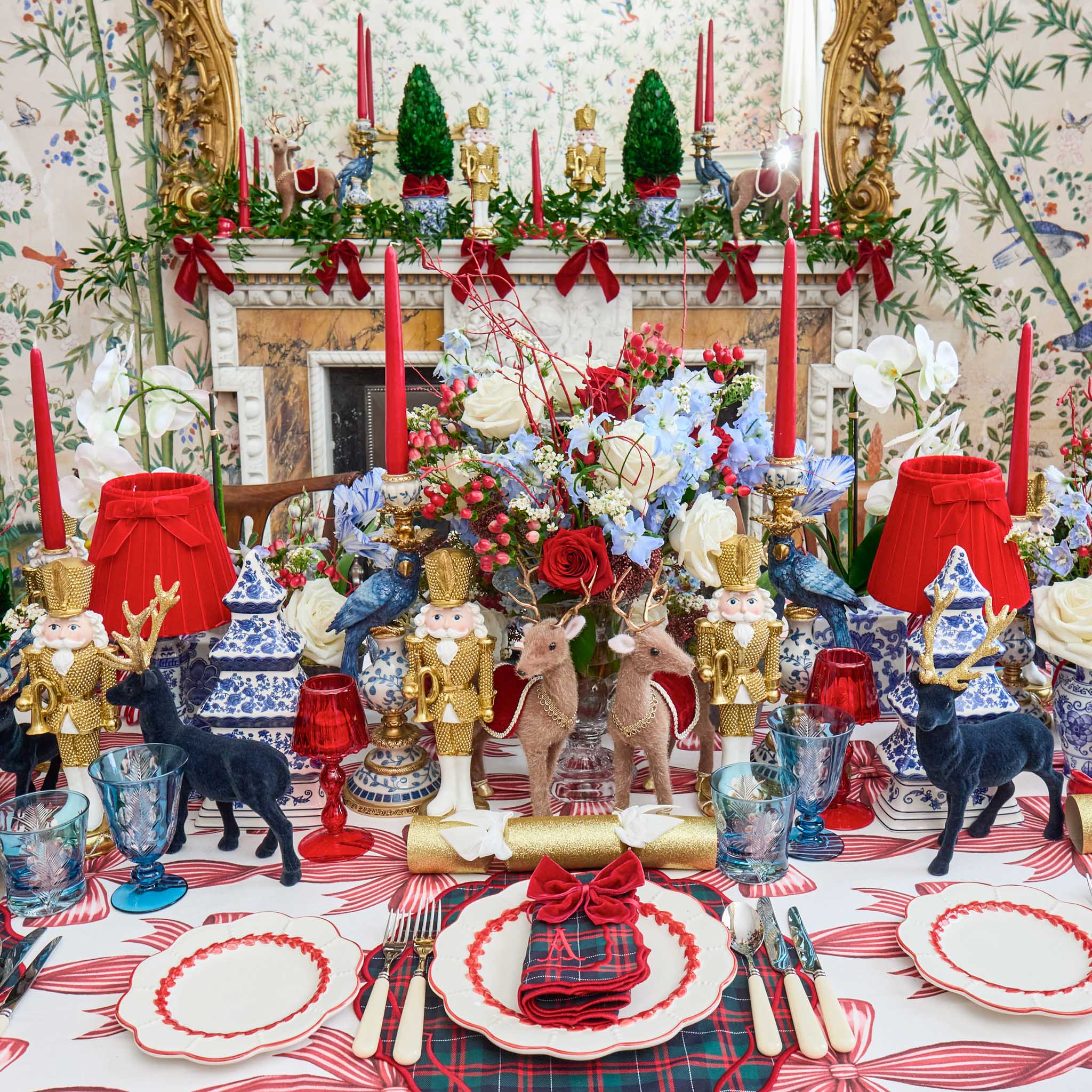 Small Flocked Navy Reindeers with Gold Antlers (Set of 4)