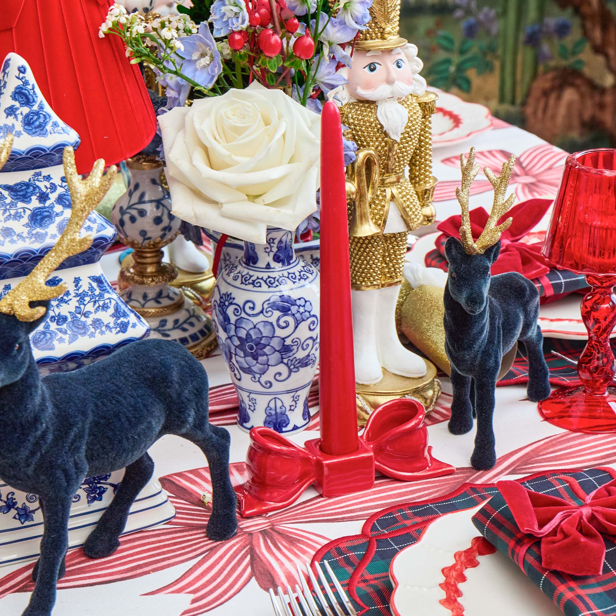 Small Flocked Navy Reindeers with Gold Antlers (Set of 4)