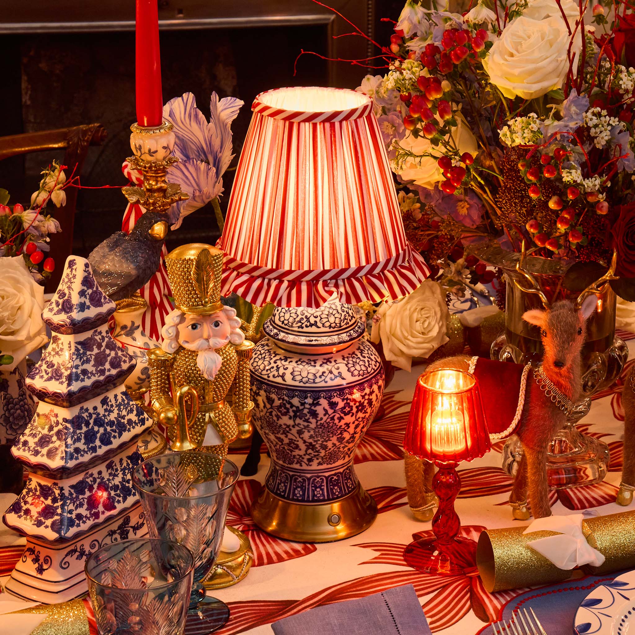 Chinoiserie Rechargeable Lamp with Red Striped Ruffle Shade (18cm)