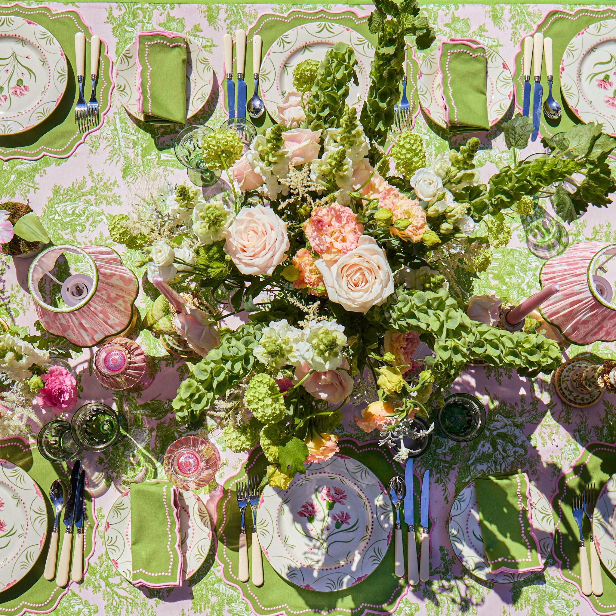 Pink & Green Ottilie Toile Tablecloth