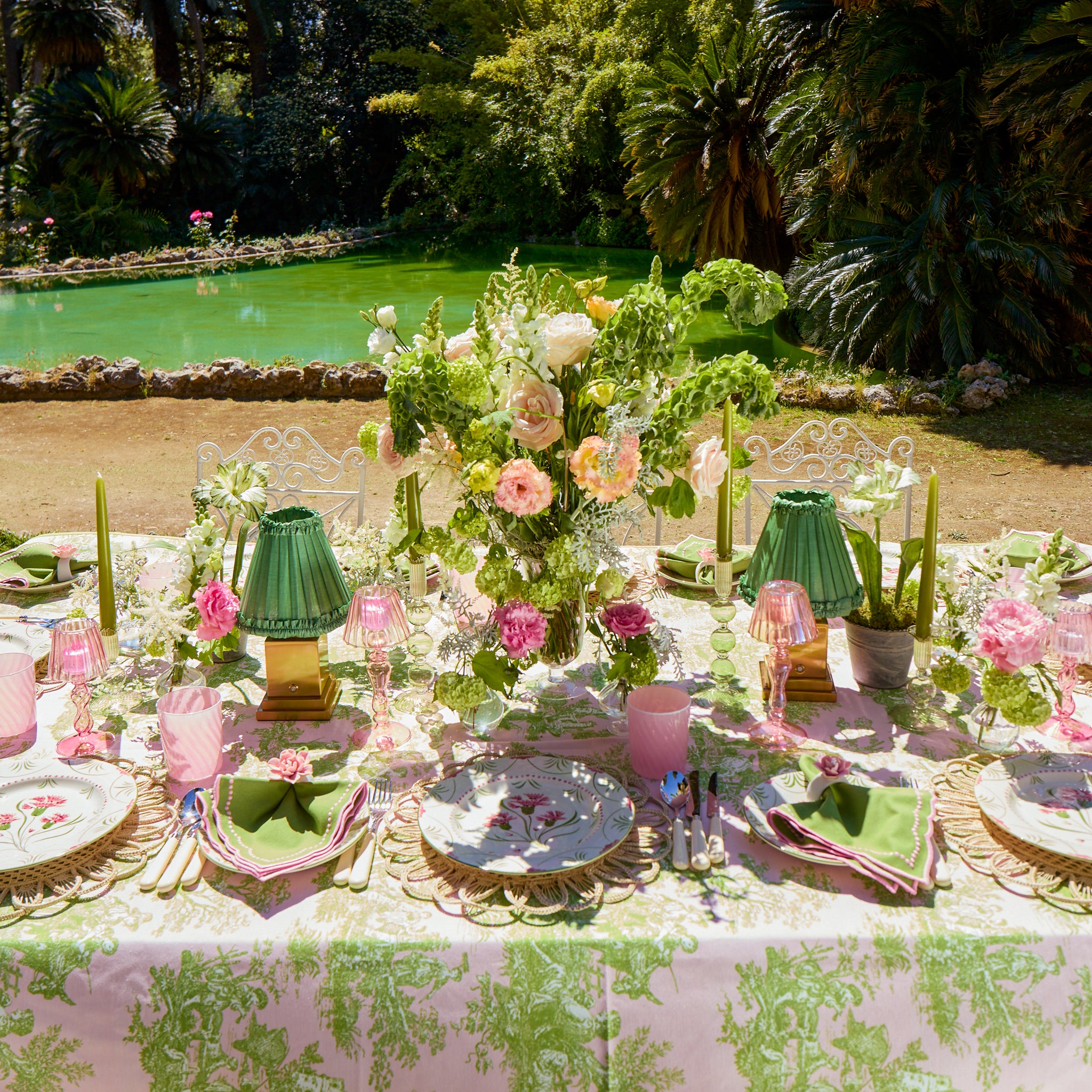 Pink & Green Ottilie Toile Tablecloth