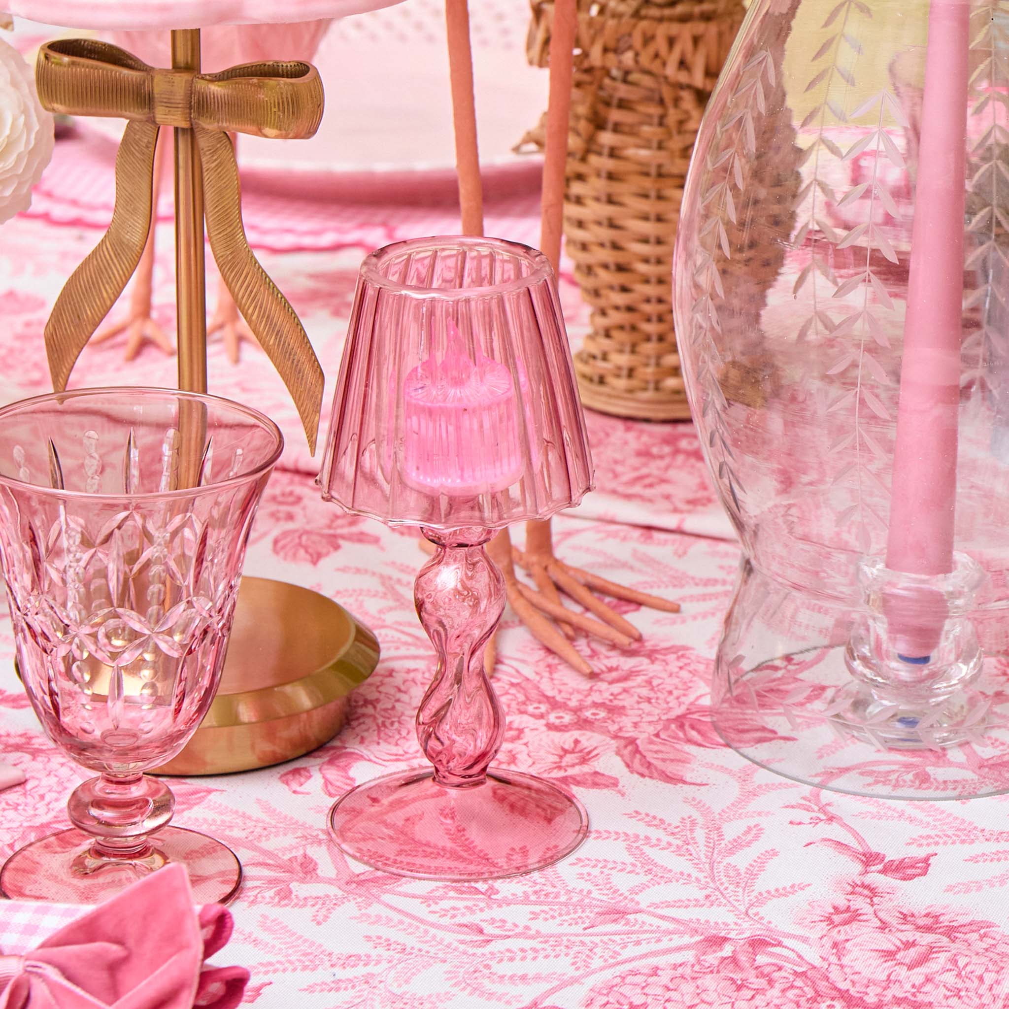 Pink Glass Lantern Tea Light Holder (Pair) - 18cm