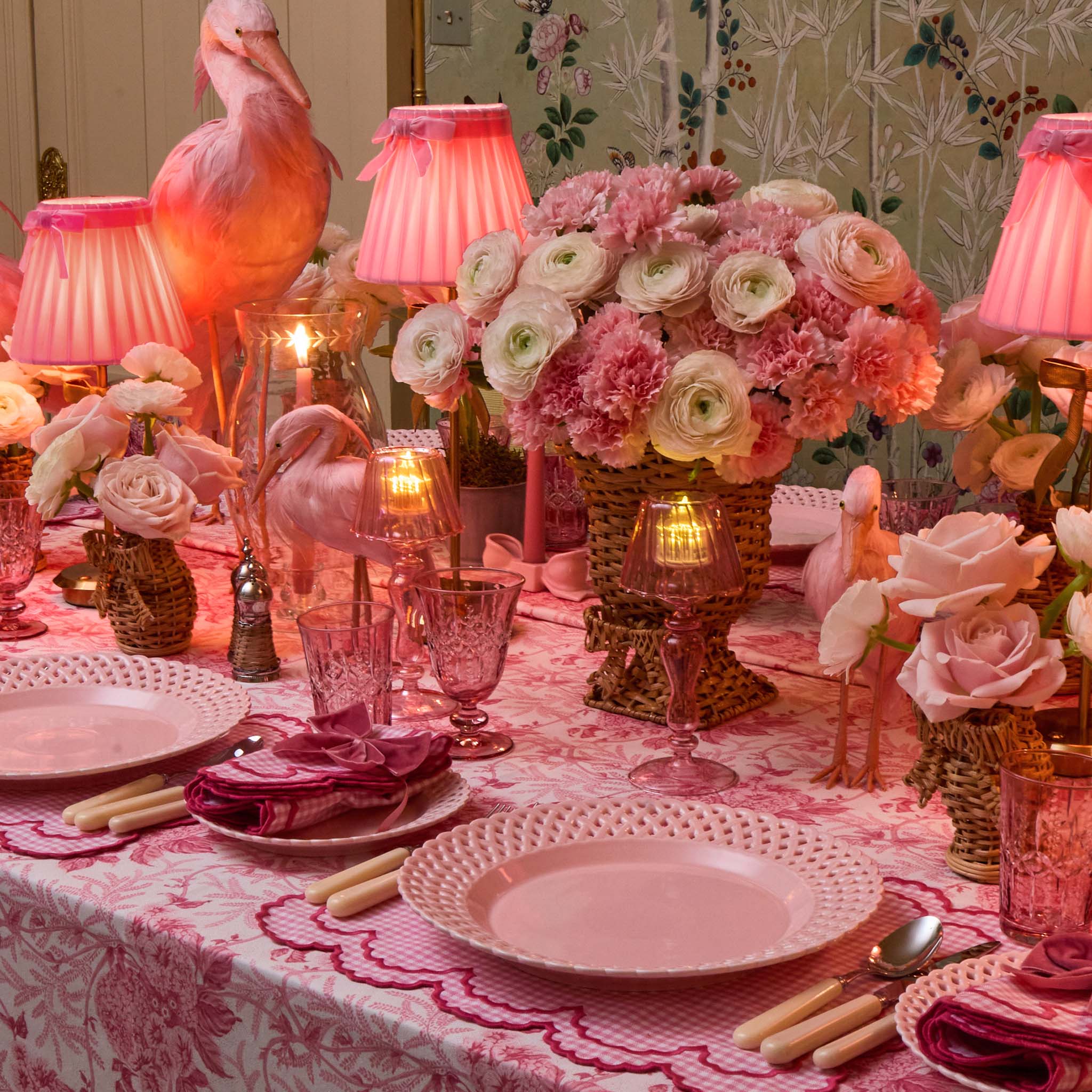 Pink Glass Lantern Tea Light Holder (Pair) - 18cm