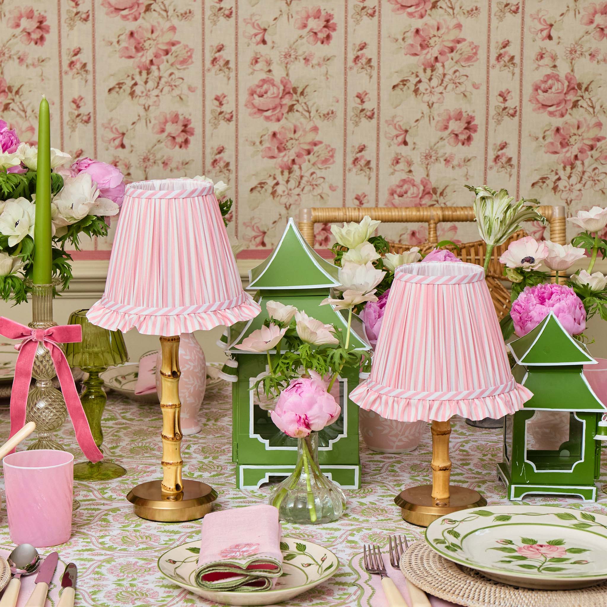 Bamboo Rechargeable Lamp with Pink Stripe Ruffle Shade (18cm)