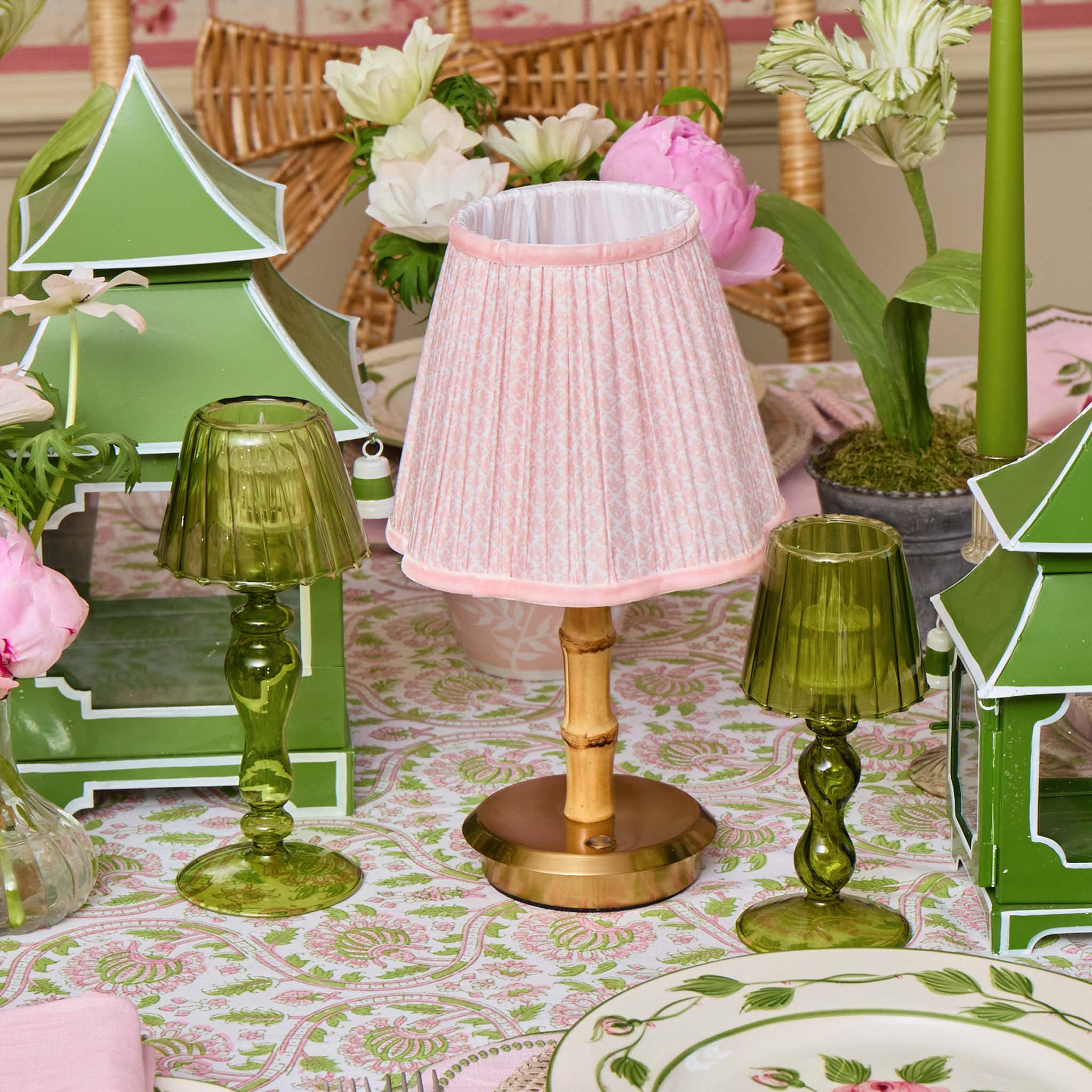 Short Bamboo Rechargeable Lamp with Pink Lotus Shade (18cm)