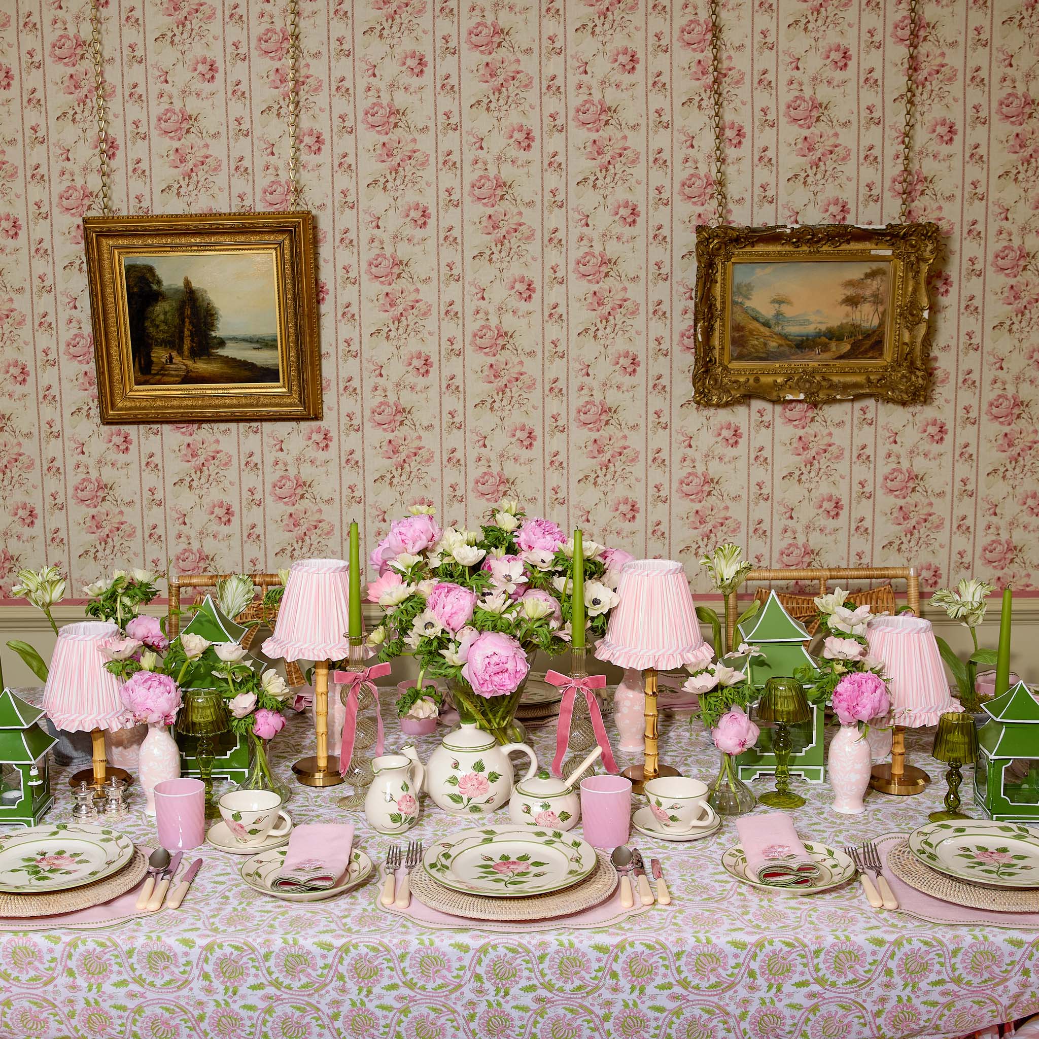 Bamboo Rechargeable Lamp with Pink Stripe Ruffle Shade (18cm)