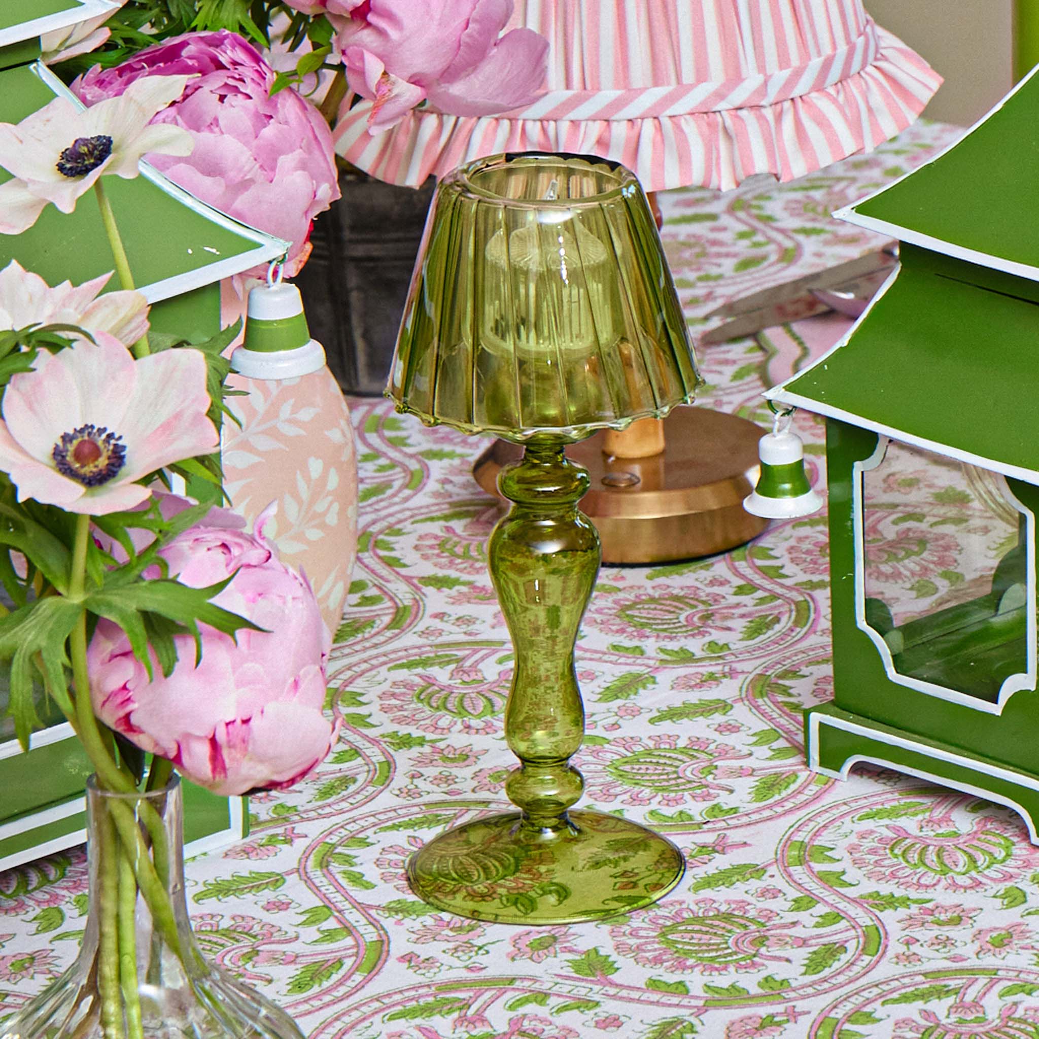 Olive Glass Lantern Tea Light Holder (Pair) - 24 cm