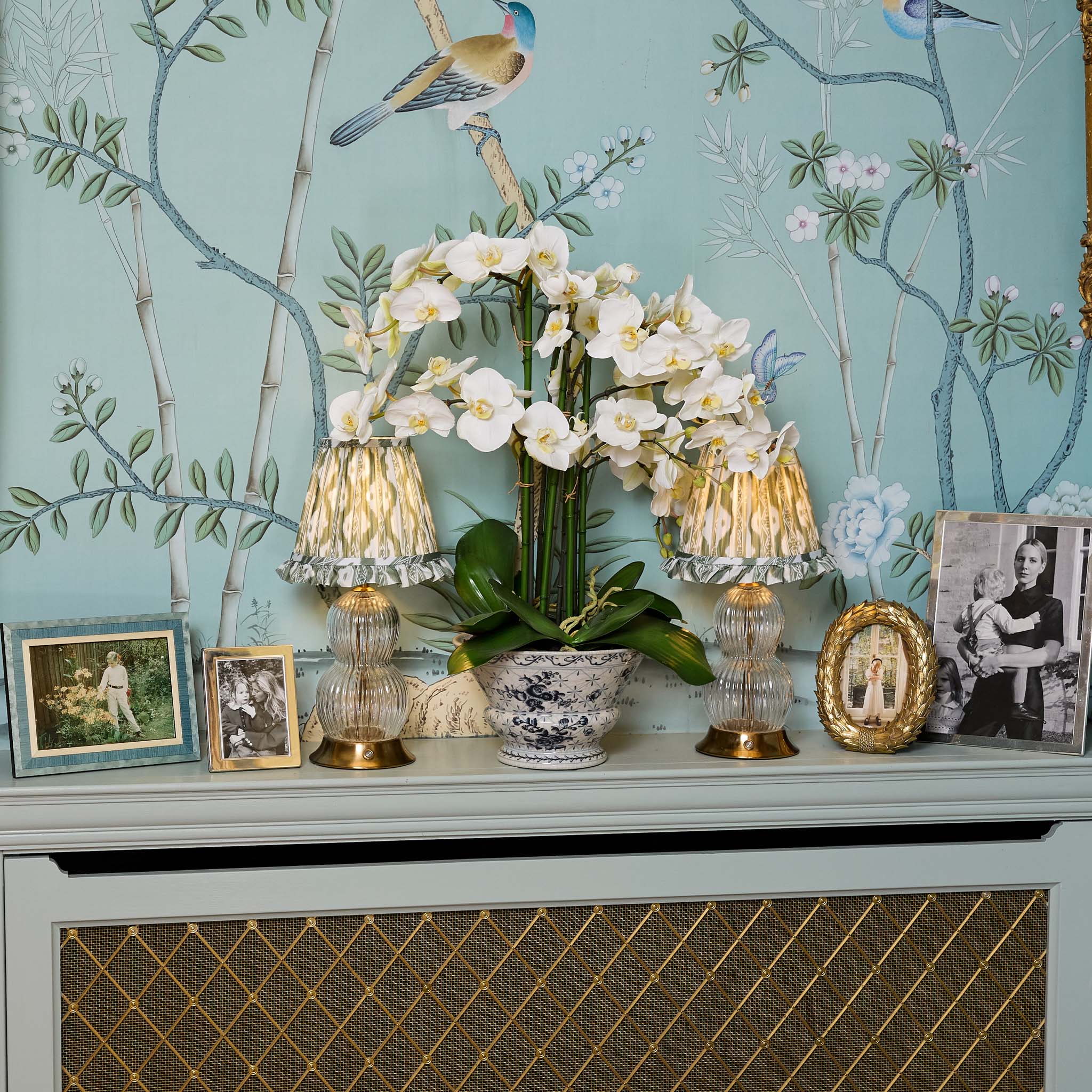 Glass Bardot Rechargeable Lamp with Olive Ikat Ruffle Shade (18cm)