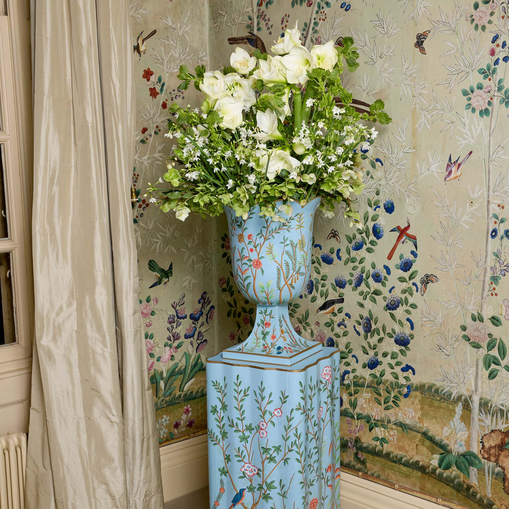Blue Chinoiserie Tole Urn & Pedestal