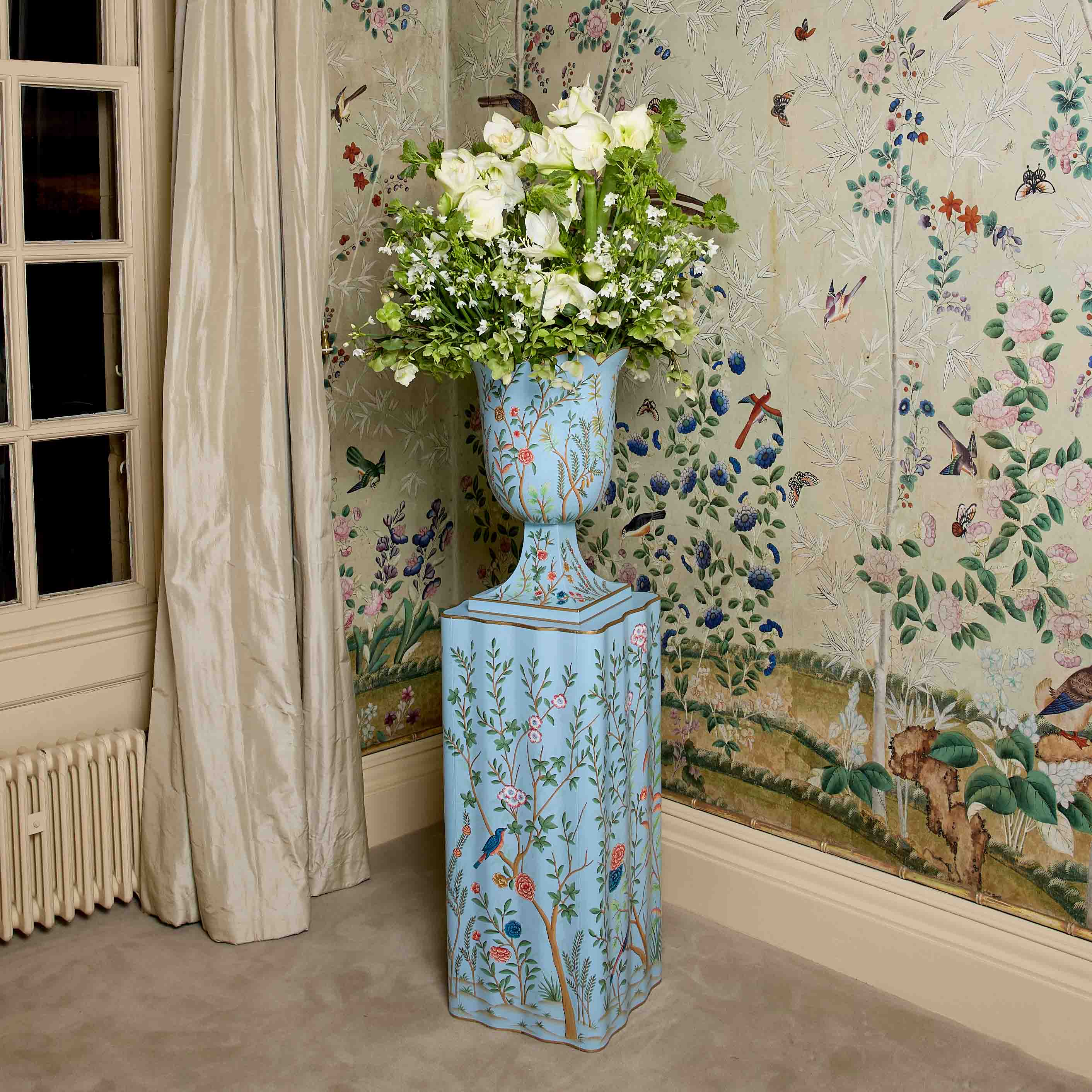 Blue Chinoiserie Tole Urn & Pedestal