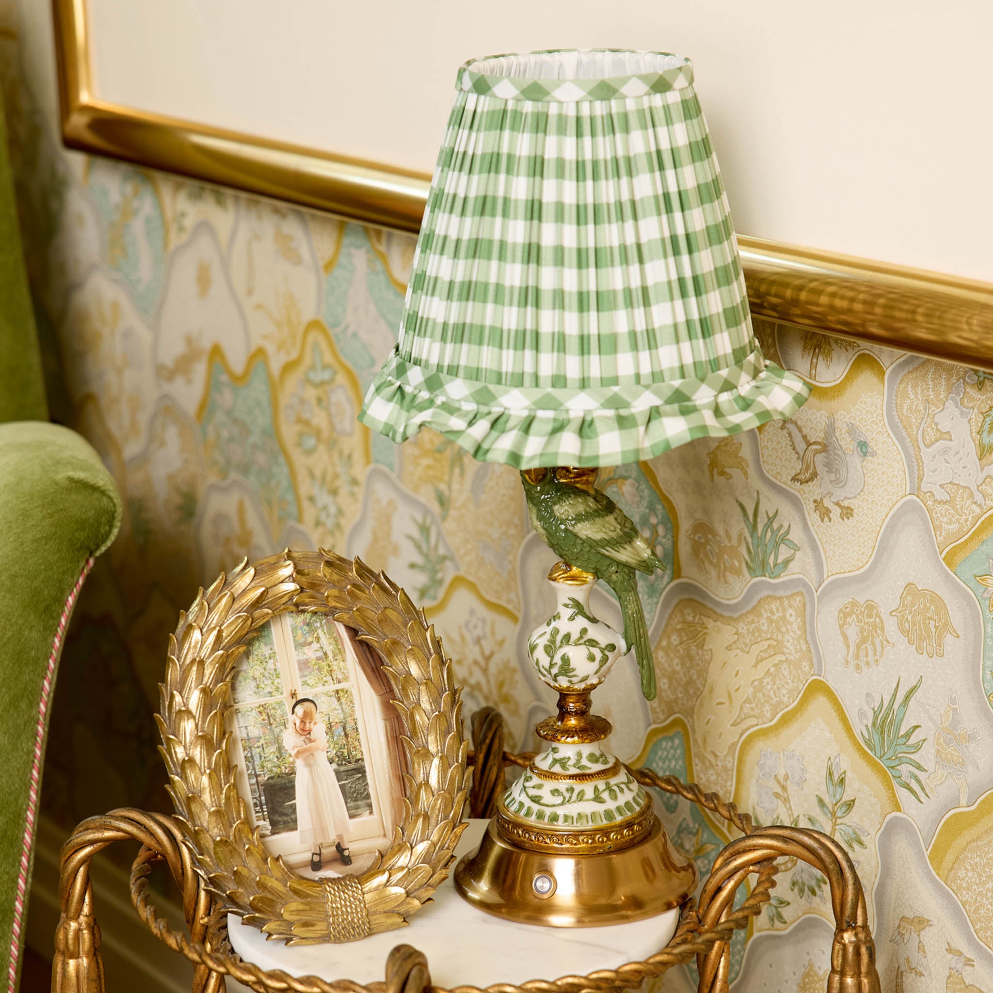 Olive Parrot Rechargeable Lamp with Olive Gingham Shade (18cm)
