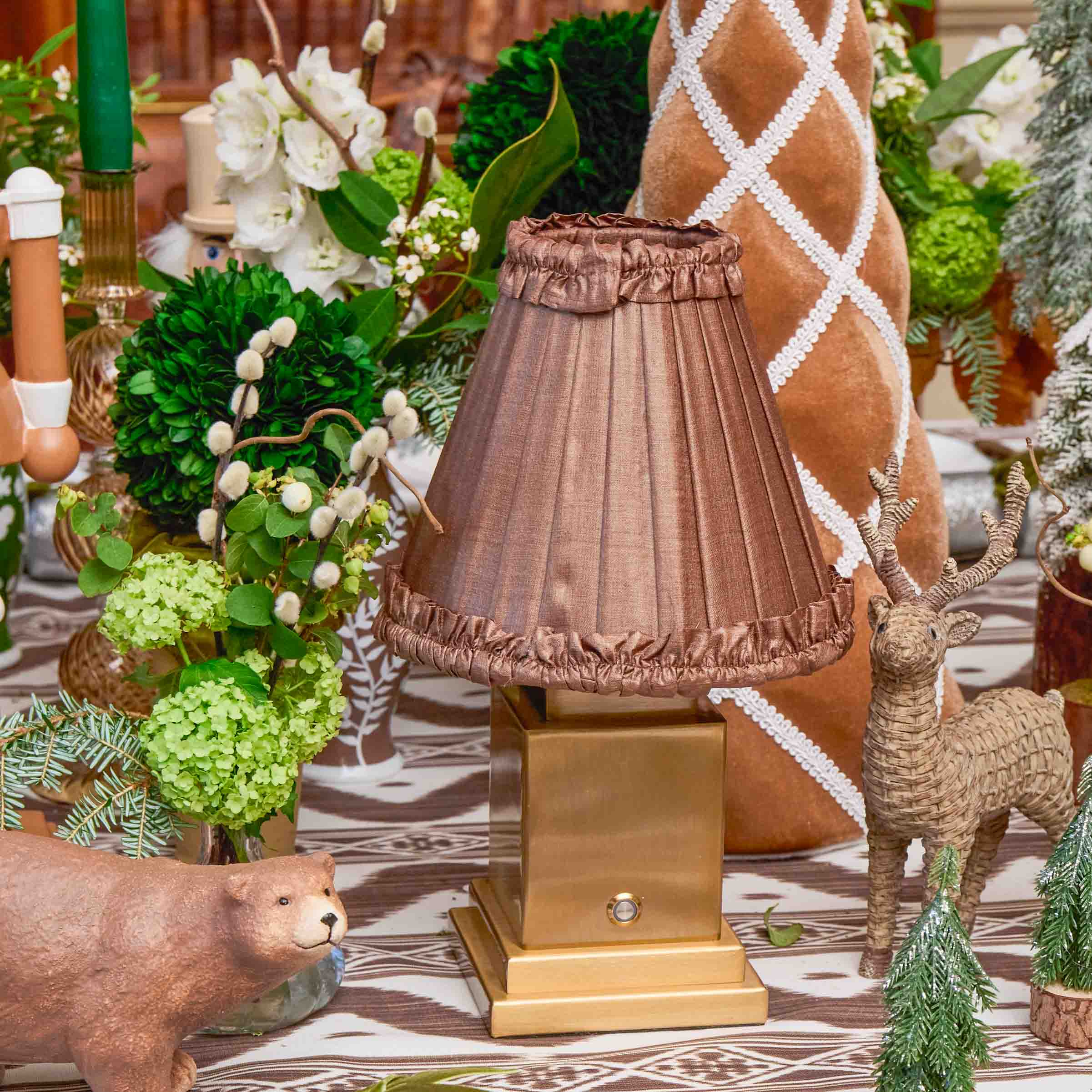 Square Rechargeable Lamp with Brown Frilled Silk Shade (18cm)