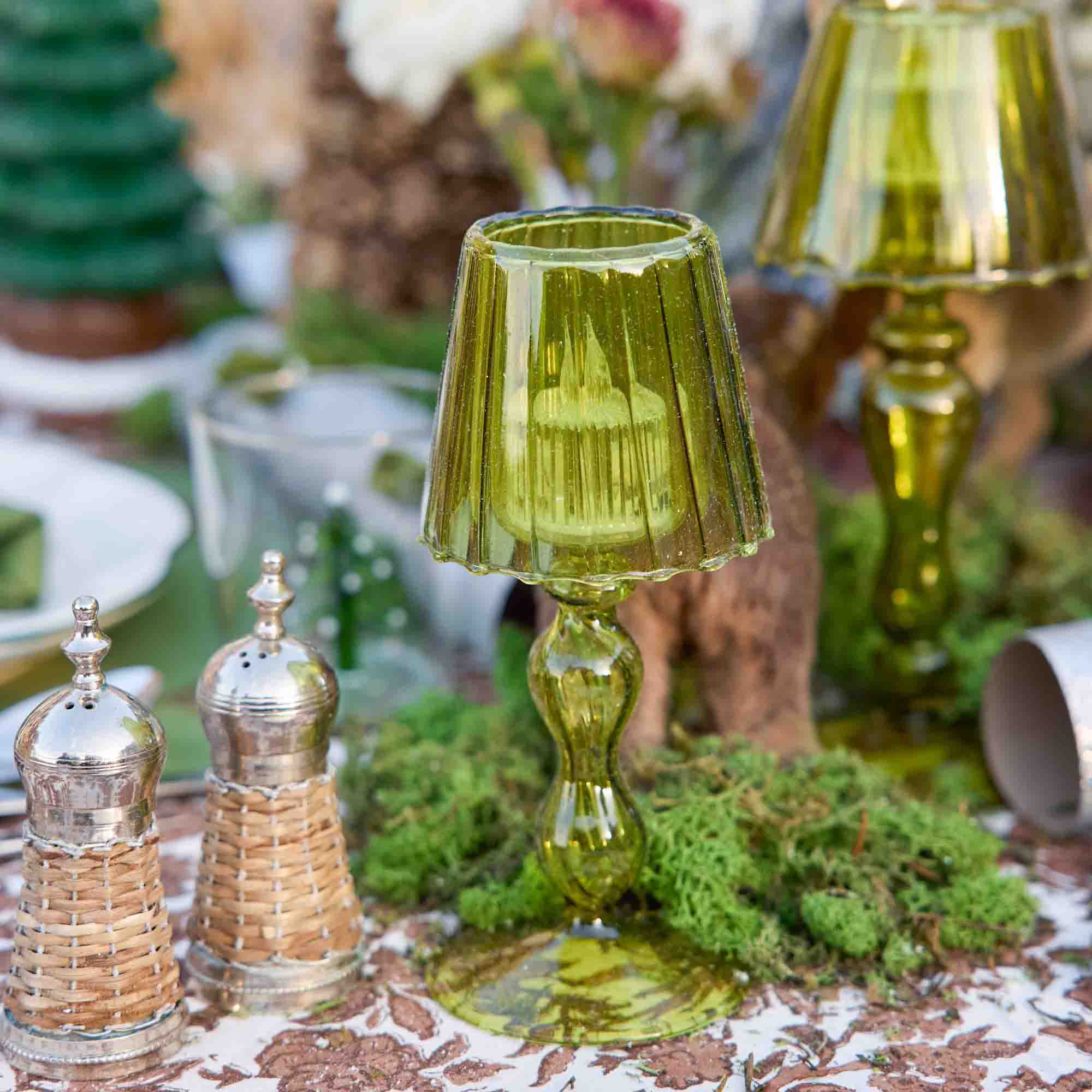 Olive Glass Lantern Tea Light Holder (Pair) - 18 cm