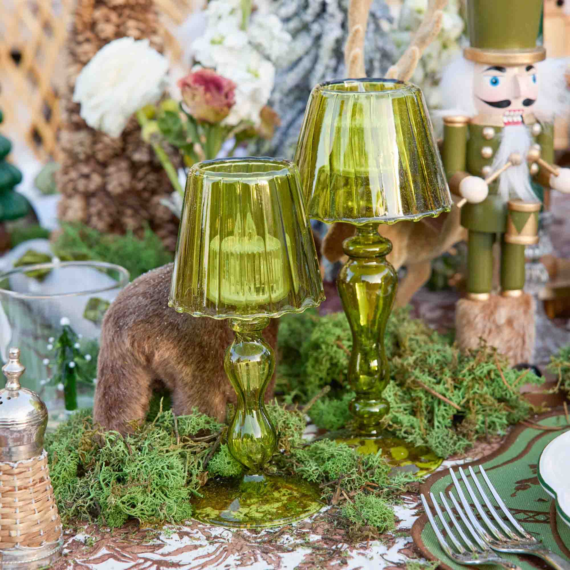 Olive Glass Lantern Tea Light Holder (Pair) - 18 cm