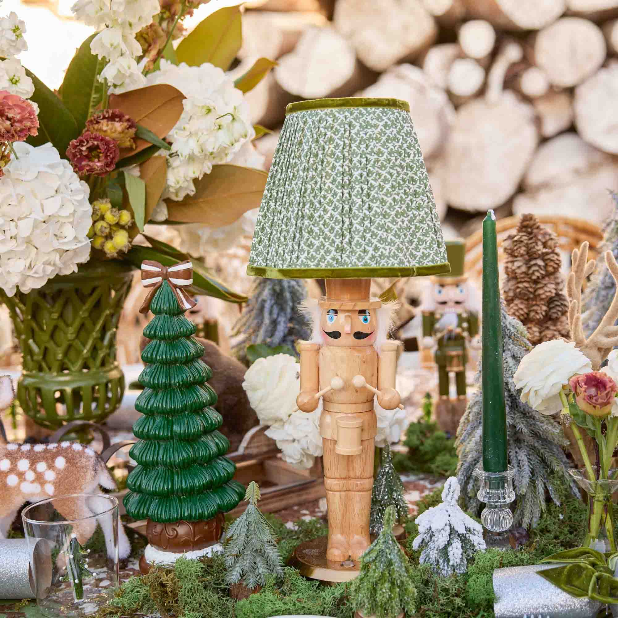 Pair of Nutcracker Rechargeable Lamps with Olive Lotus Shades (18cm)