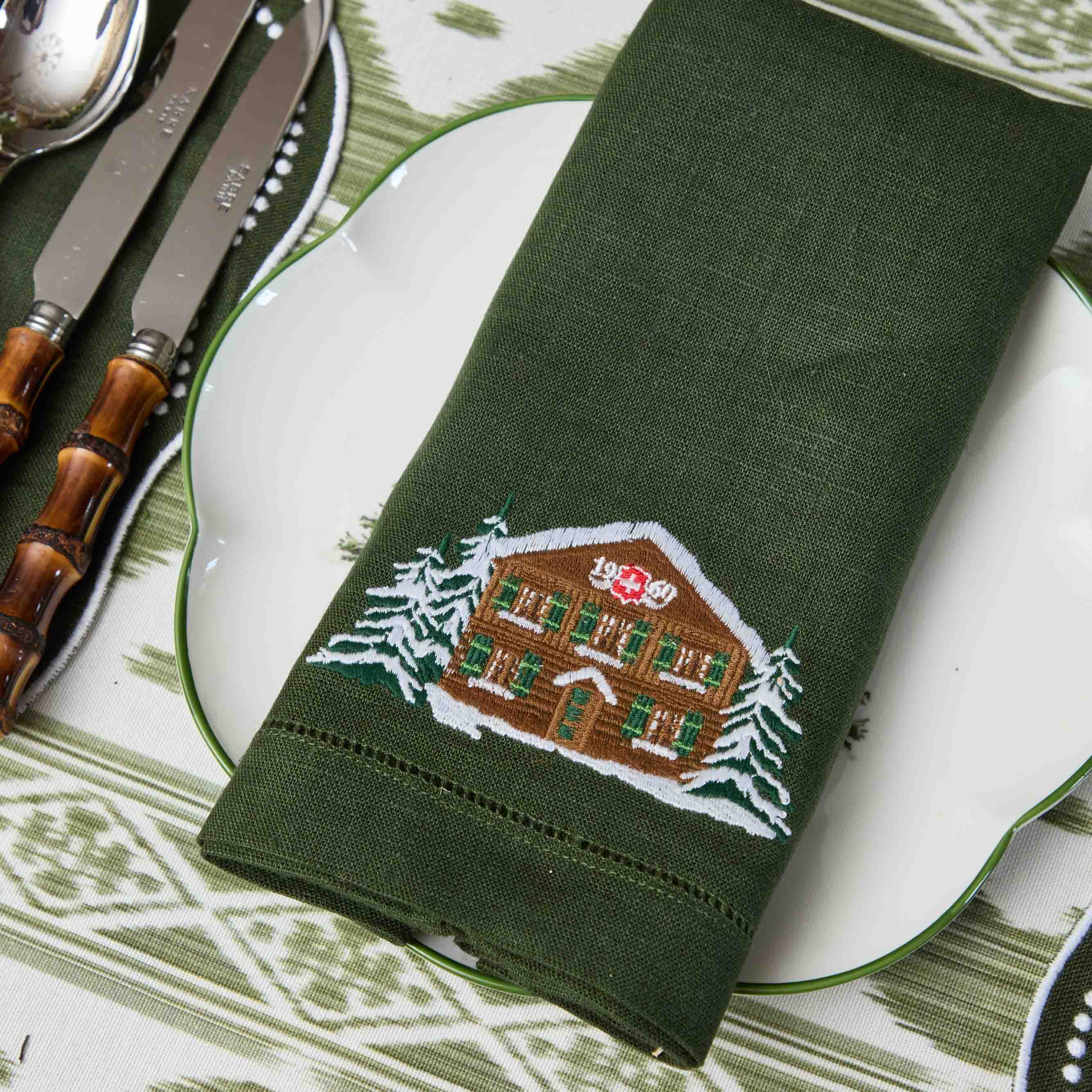 Eloise Forest Green Linen Placemats & Chalet Napkins (Set of 4)
