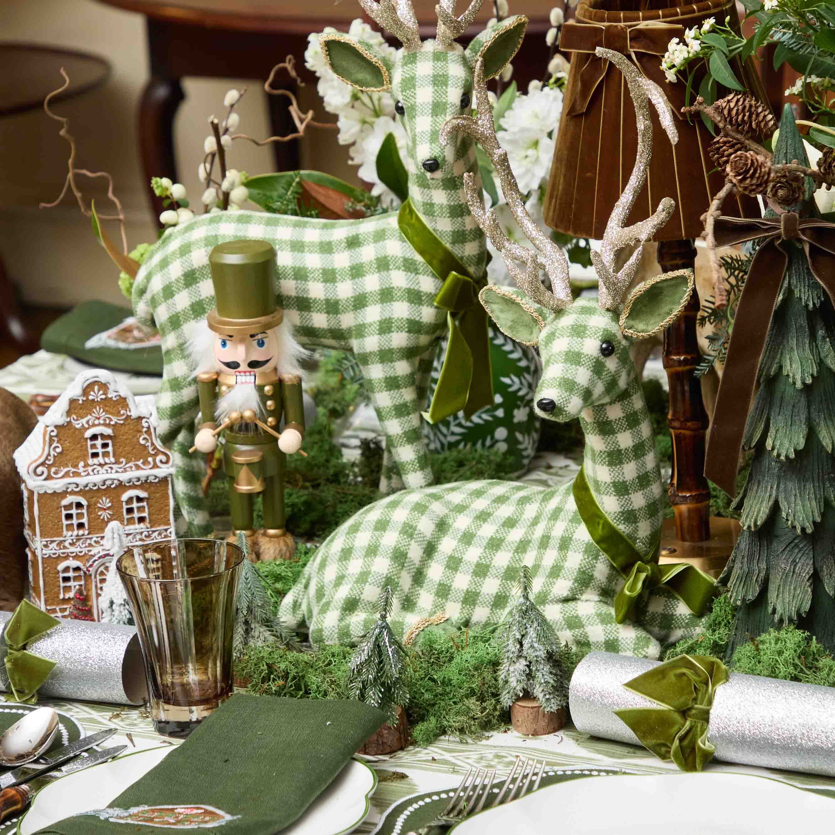 Green Gingham Deers (Pair)