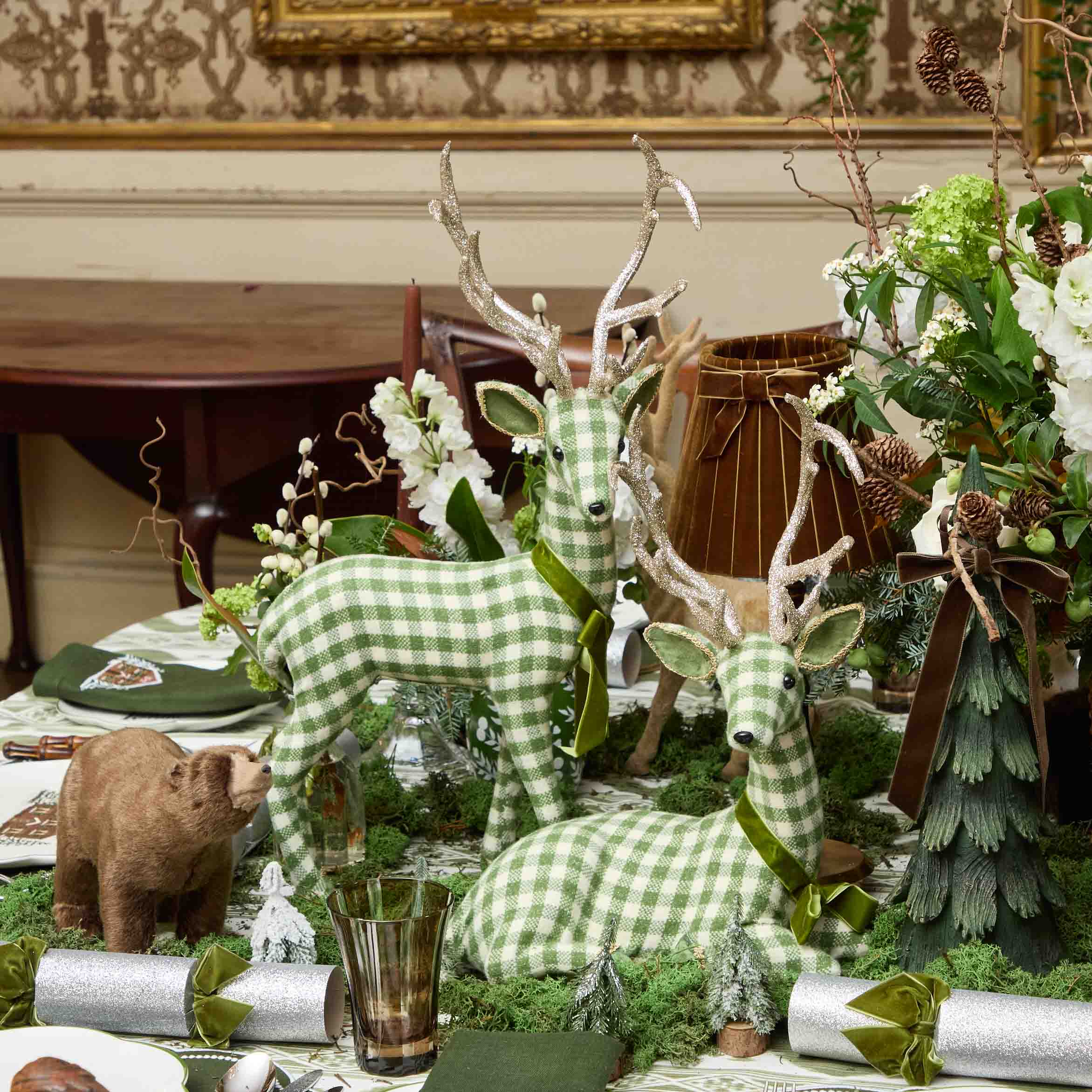 Green Gingham Deers (Pair)