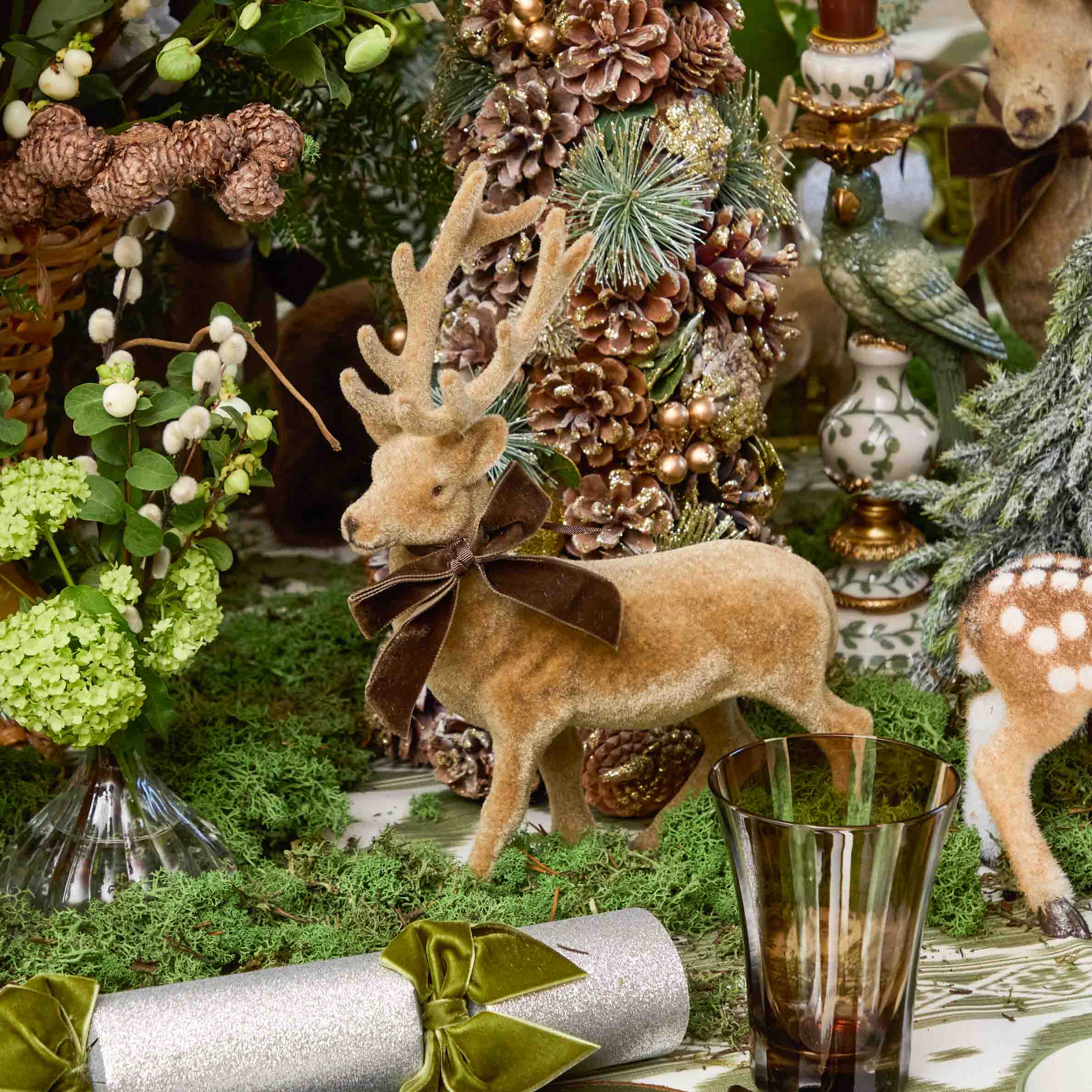 Large Chocolate Ribboned Taupe Flocked Reindeer (Pair)