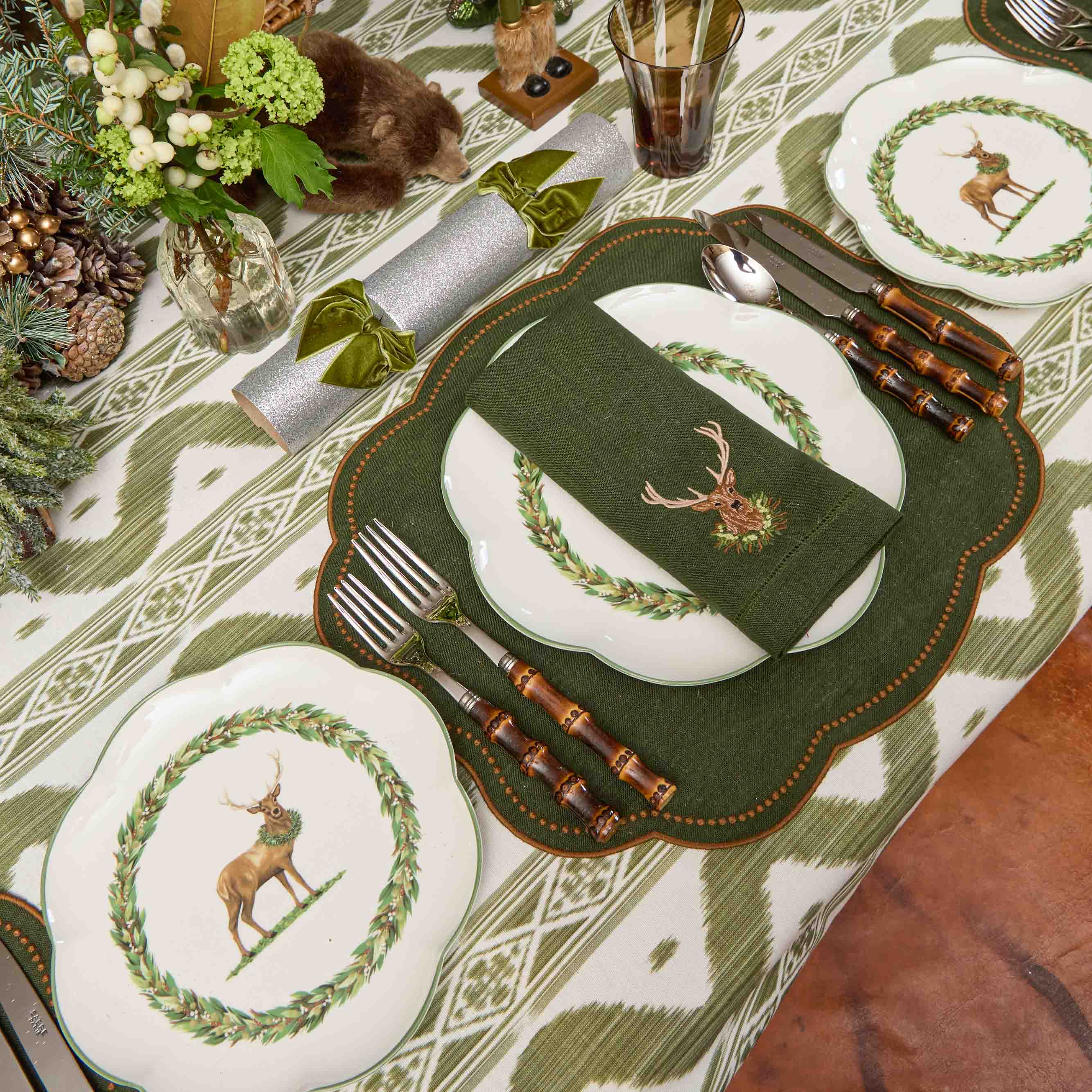 Forest Green Linen Embroidered Stag Napkins (Set of 4)