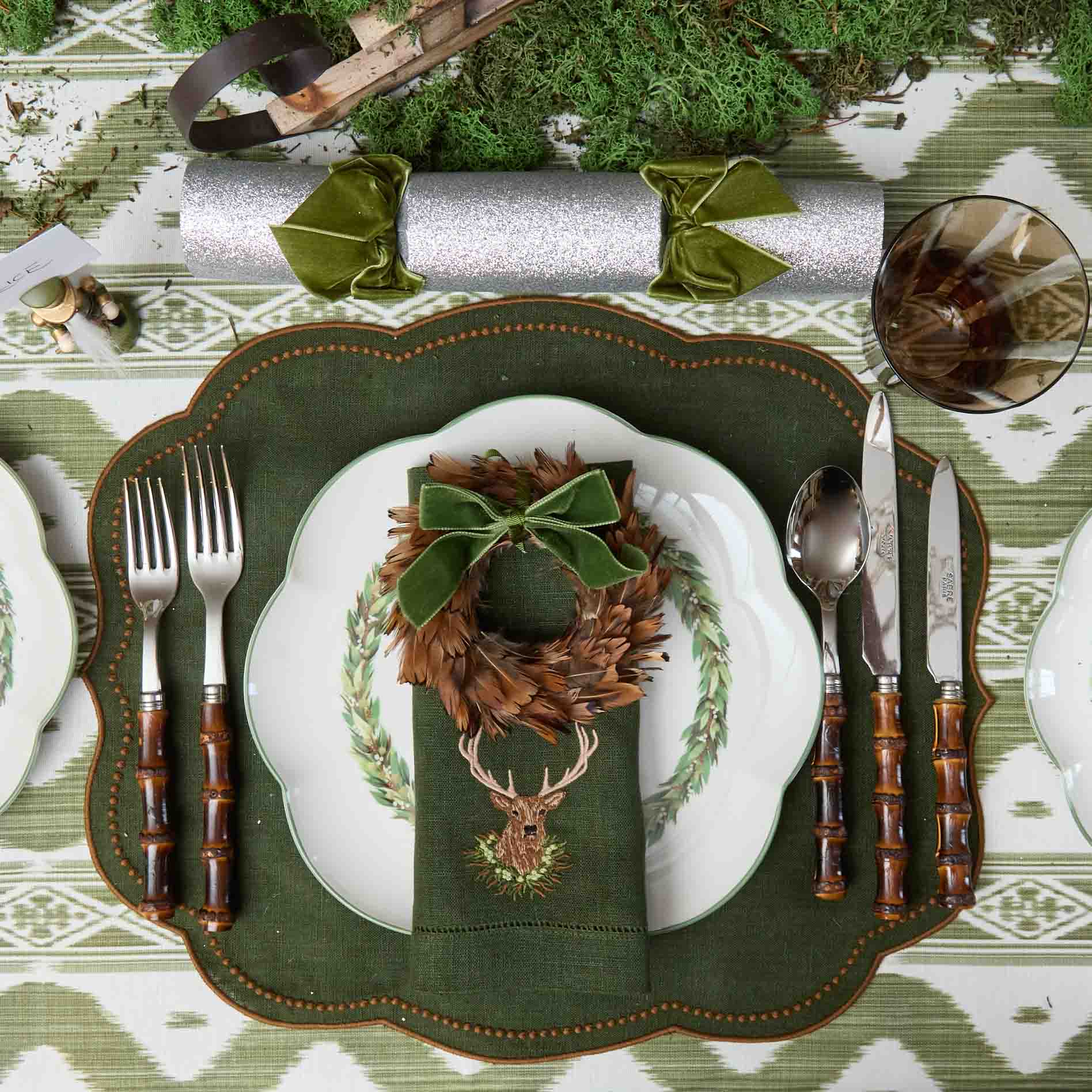 Feather Wreaths with Forest Green Velvet Bows (Set of 4)