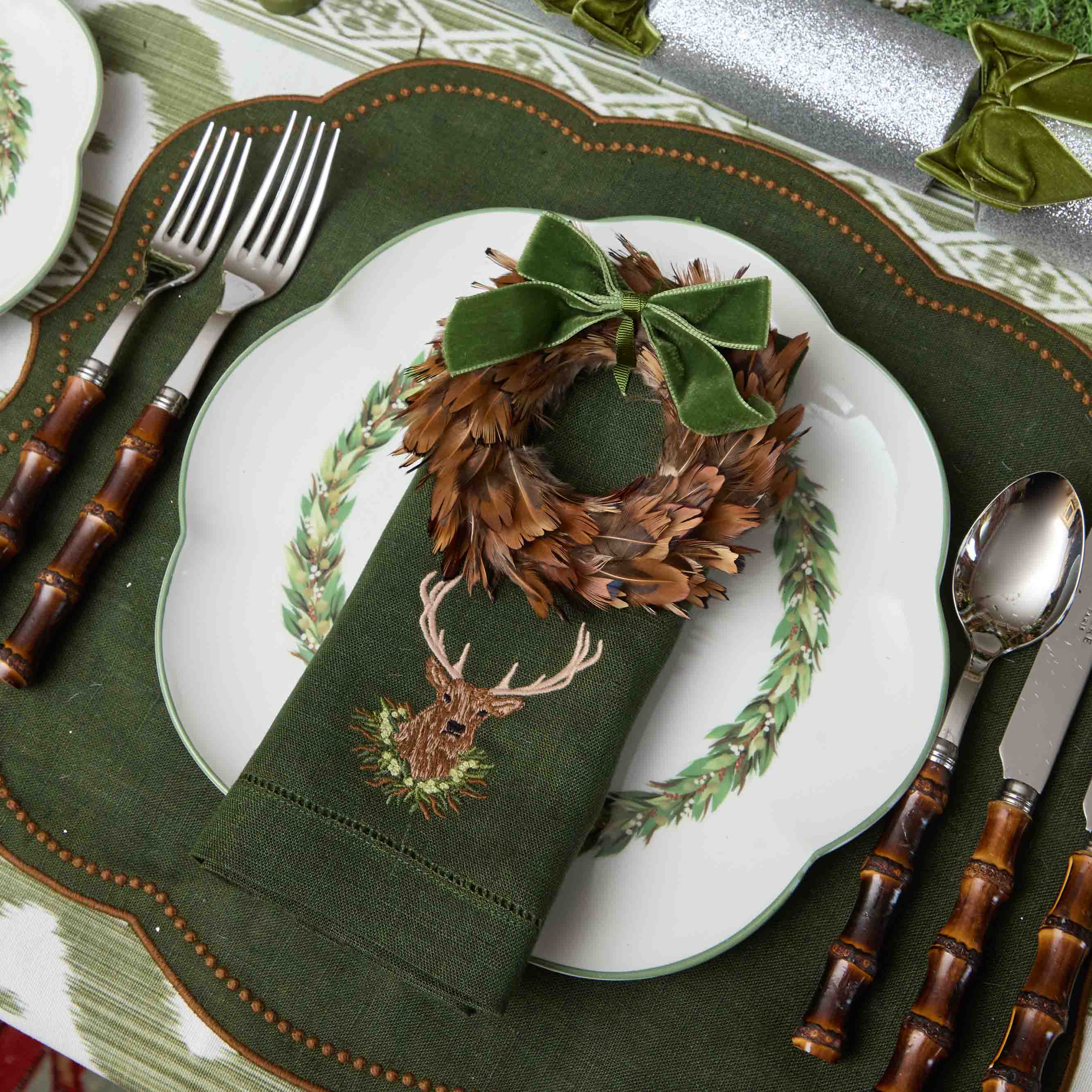 Feather Wreaths with Forest Green Velvet Bows (Set of 4)