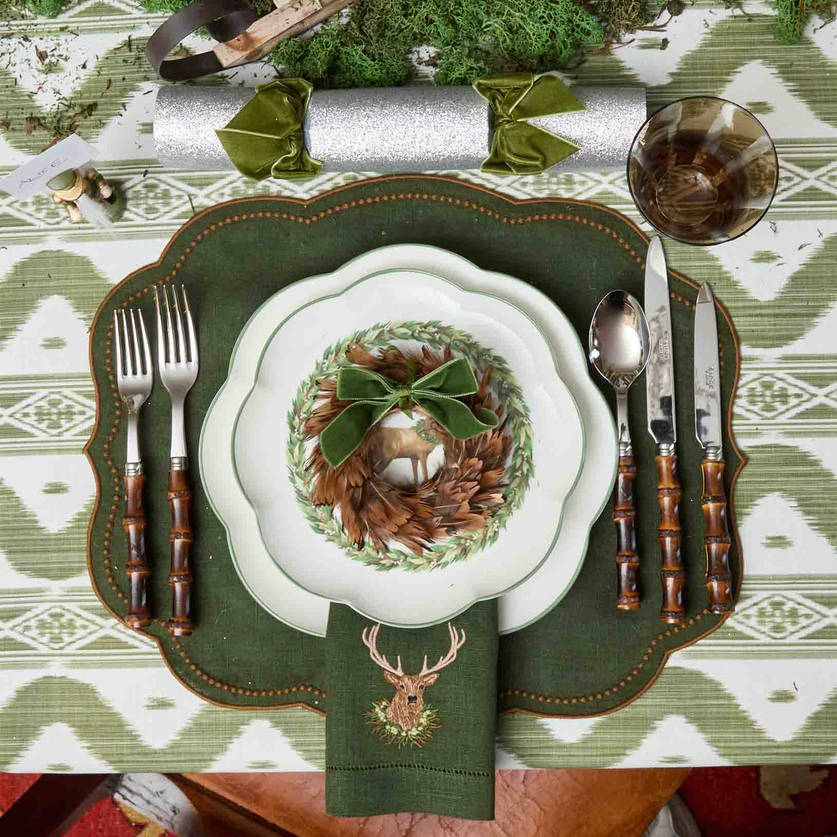 Feather Wreaths with Forest Green Velvet Bows (Set of 4)