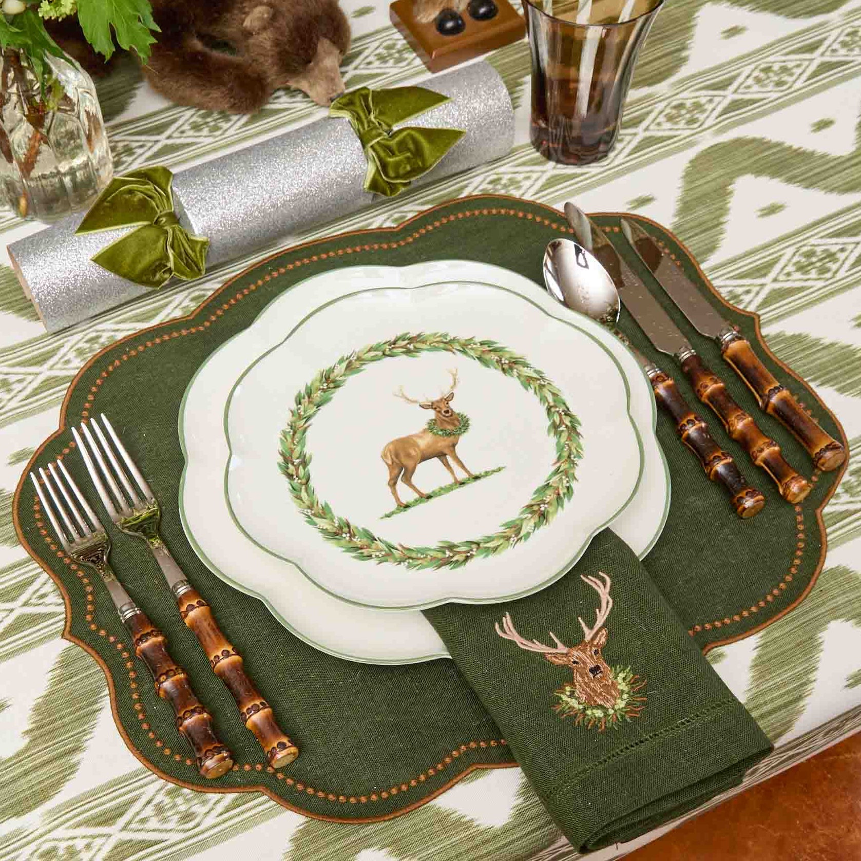 Eloise Green & Chocolate Linen Placemats & Stag Napkins (Set of 4)