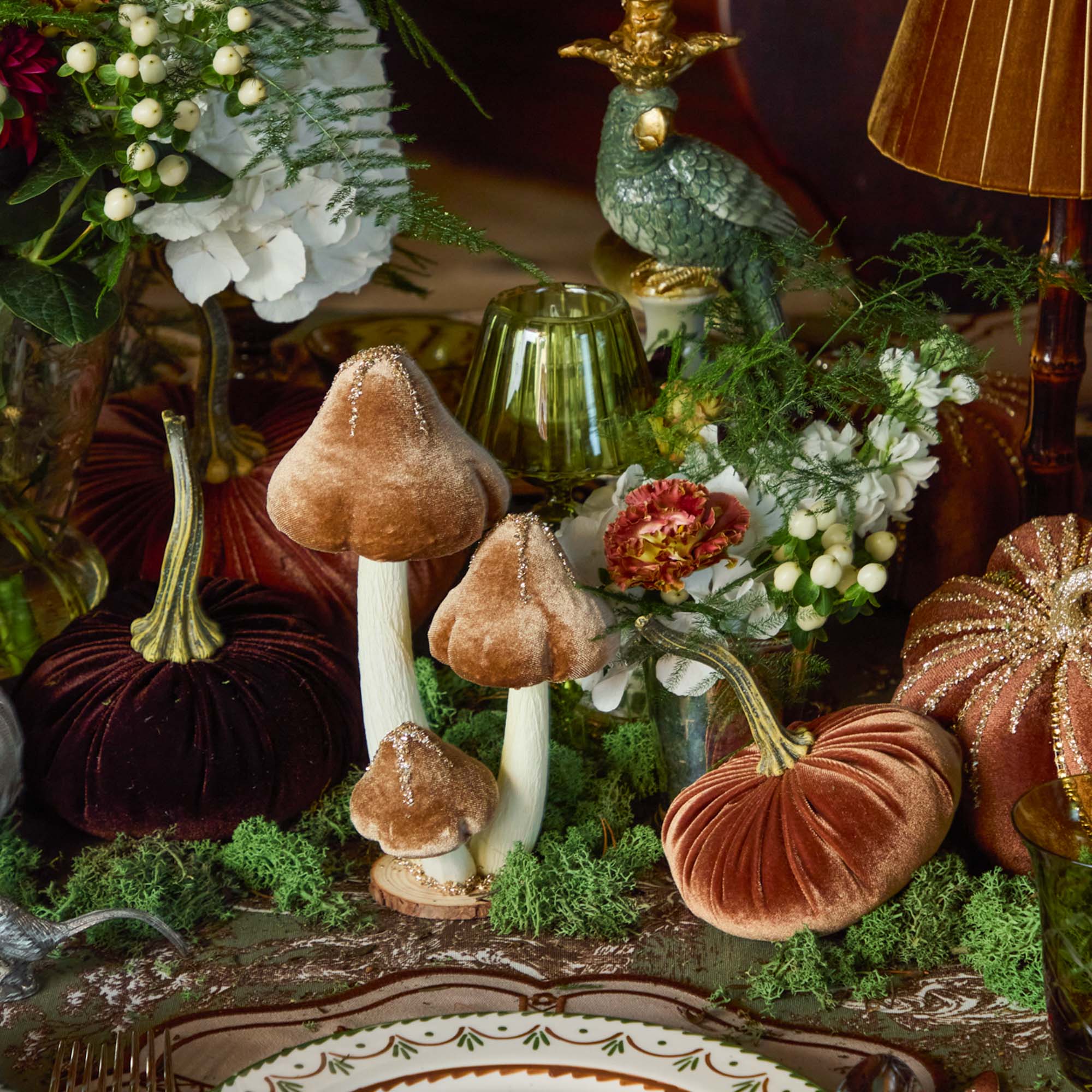 Taupe Glitter Velvet Mushroom Family (Set of 8)