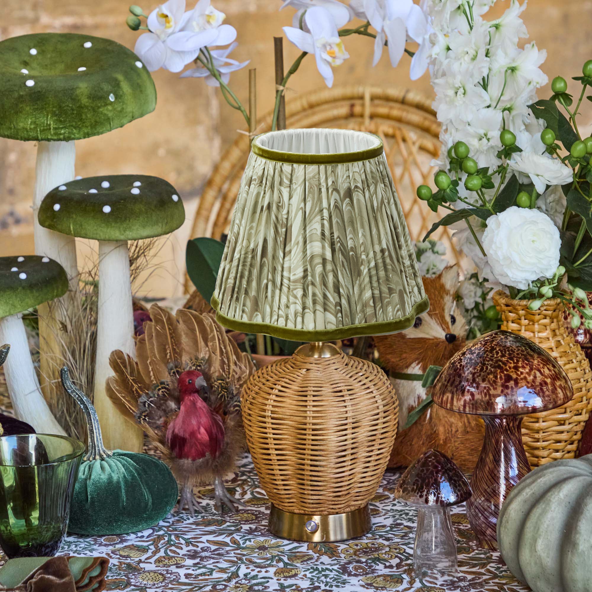 Rattan Ursula Rechargeable Lamp with Olive Marbled Shade (18cm)