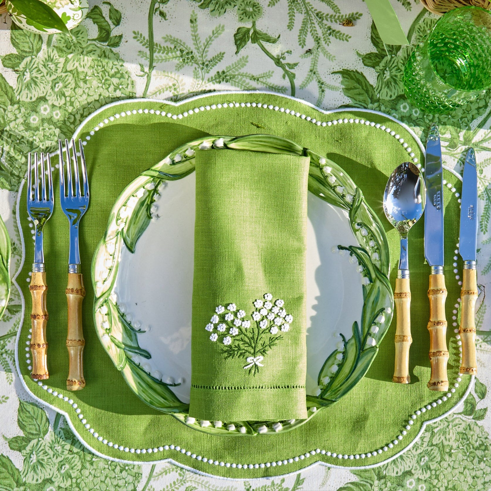 Eloise Green Linen Placemats & Hydrangea Napkins (Set of 4)
