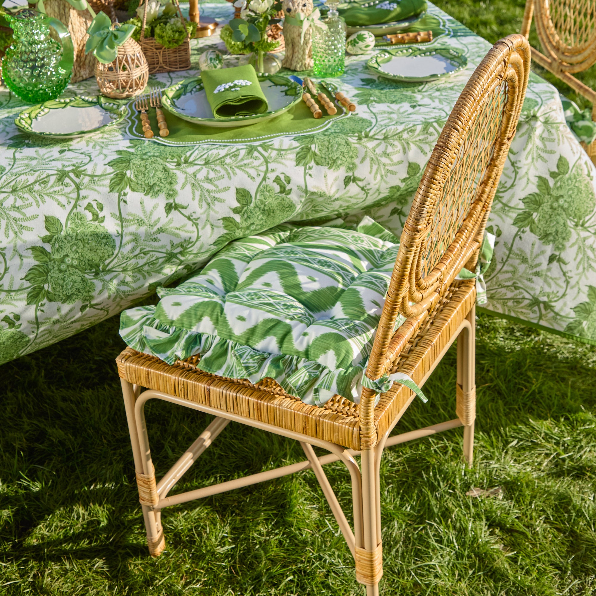 Frilled Green Ikat Seat Pad Cushion (Set of 4)