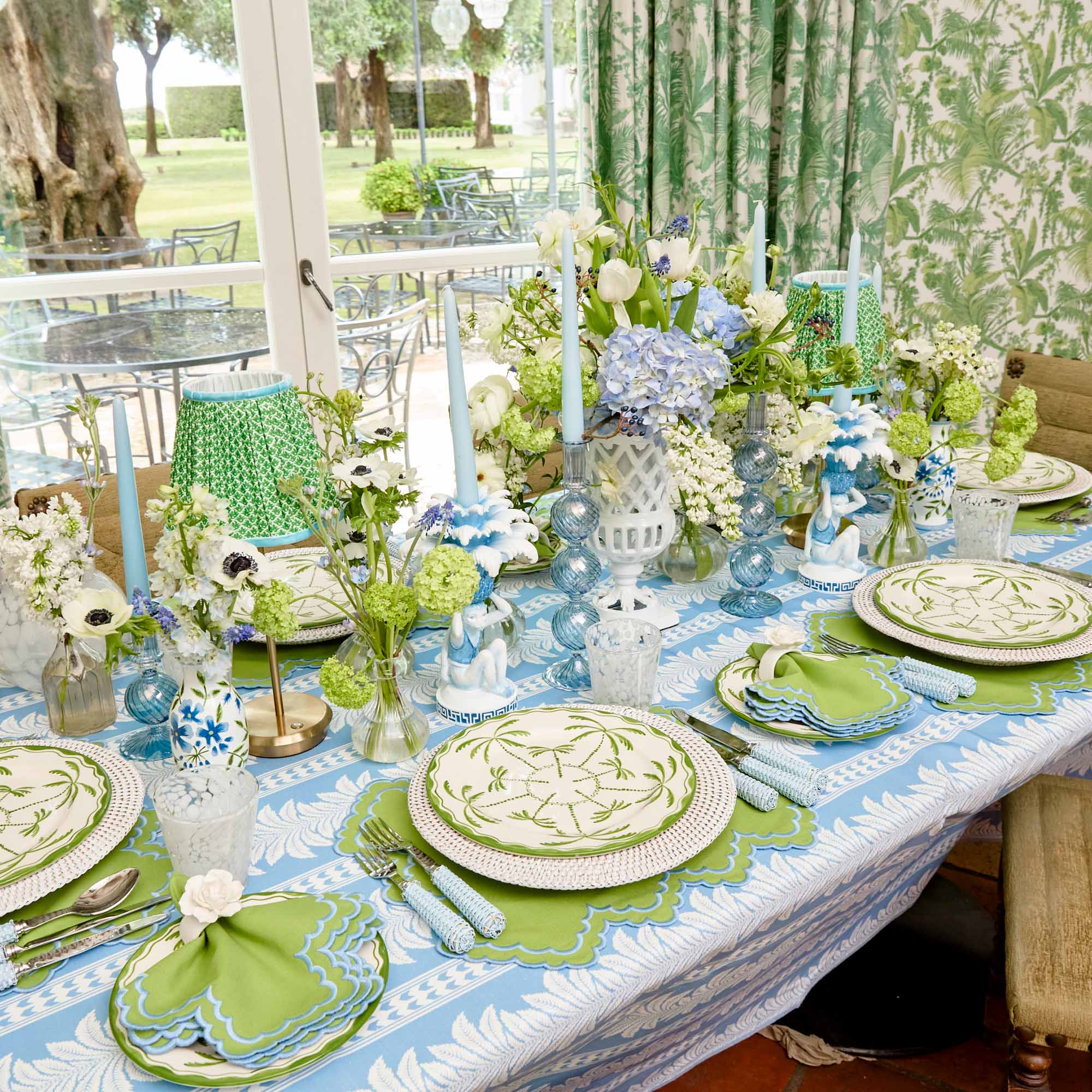 Tall Rechargeable Lamp with Green & Blue Lotus Shade (18cm)