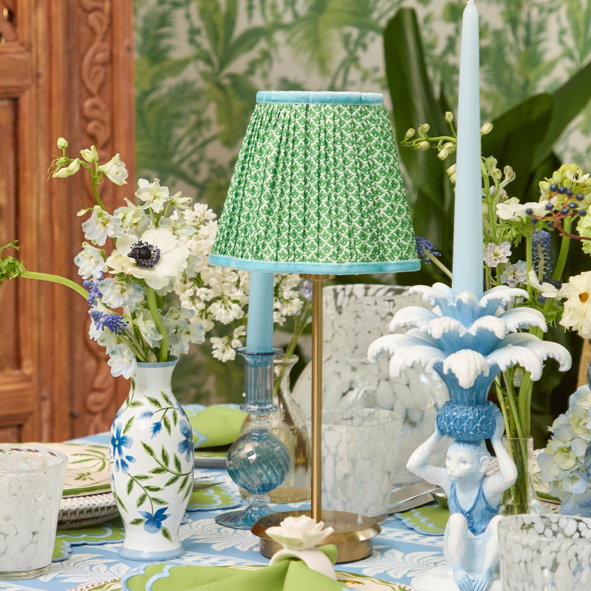 Tall Rechargeable Lamp with Green & Blue Lotus Shade (18cm)