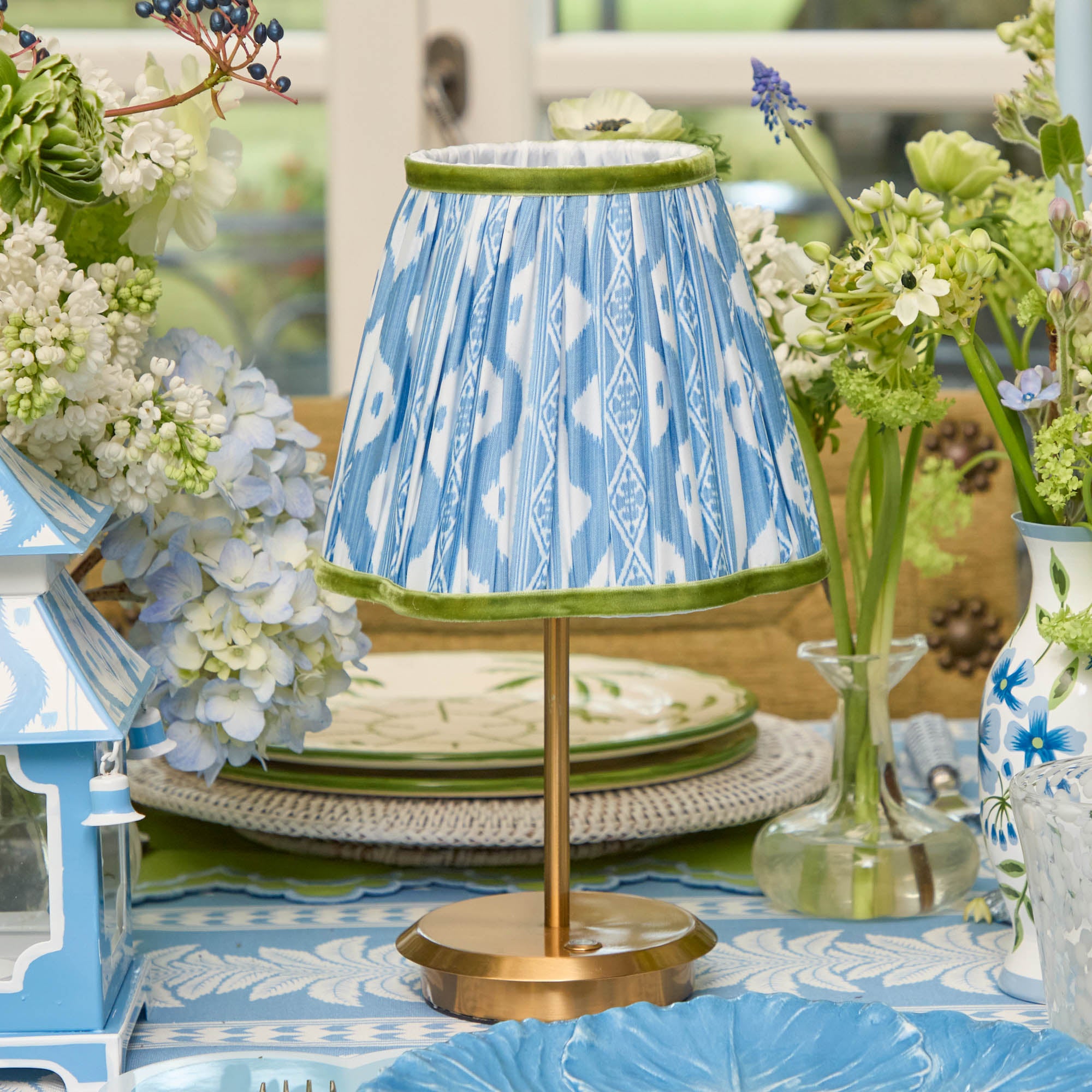 Short Rechargeable Lamp with Blue & Green Ikat Shade (18cm)