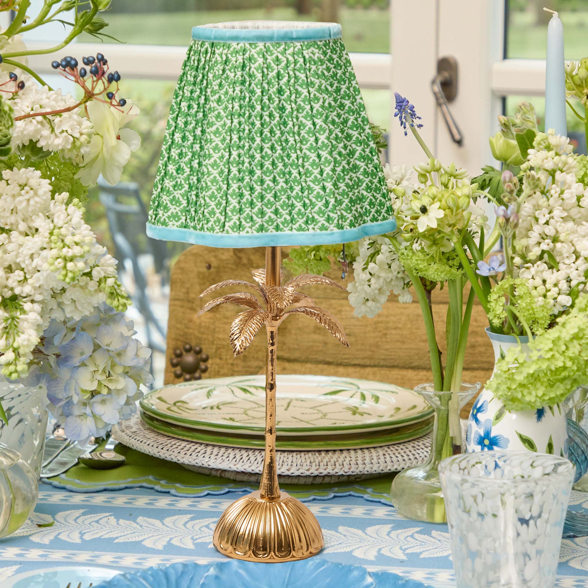 Palm Tree Rechargeable Lamp with Green & Blue Lotus Shade (18cm)