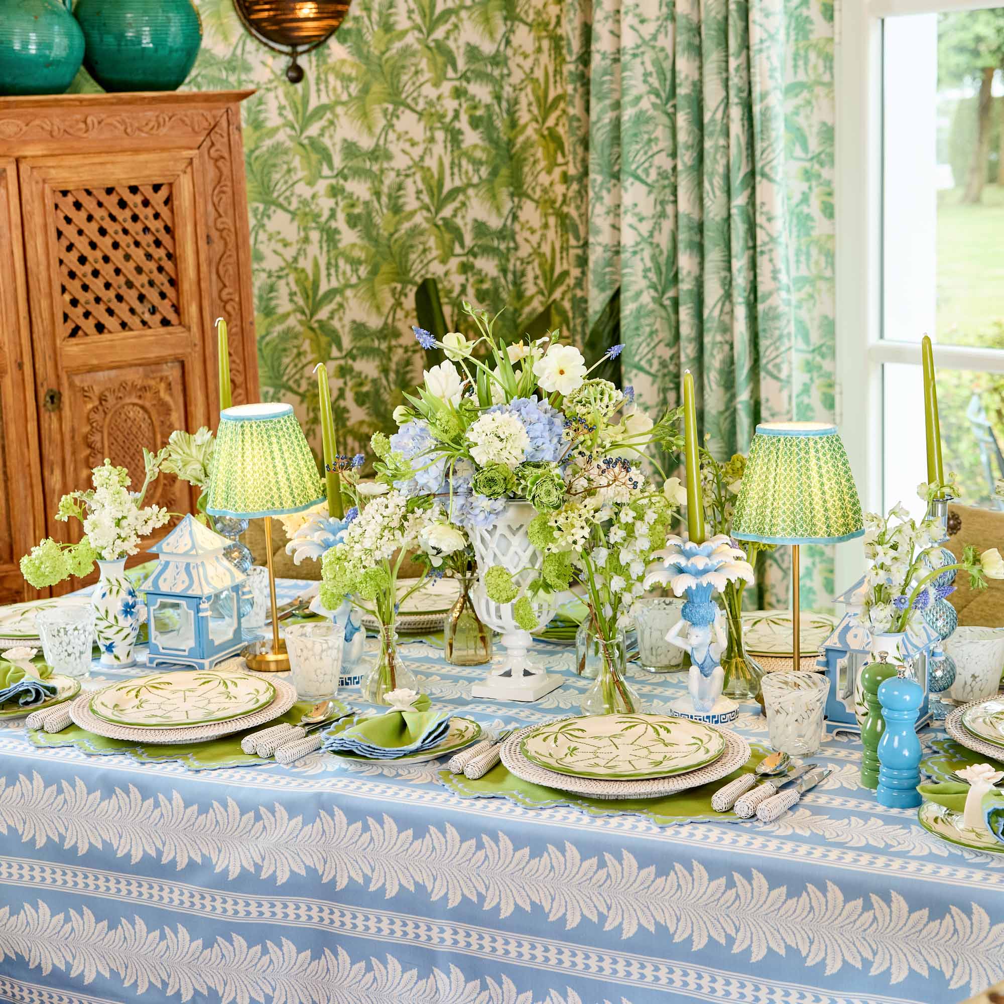 Tall Rechargeable Lamp with Green & Blue Lotus Shade (18cm)