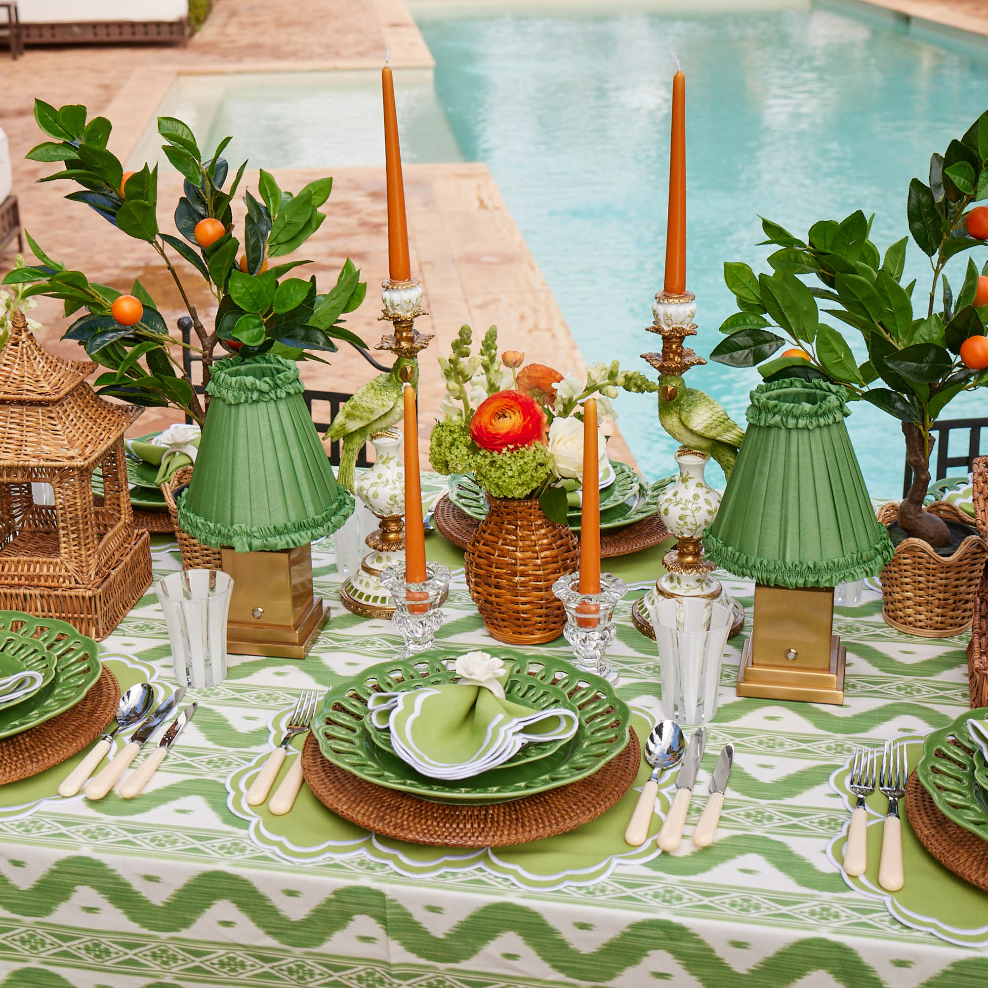 Square Rechargeable Lamp with Green Frilled Shade (18cm)