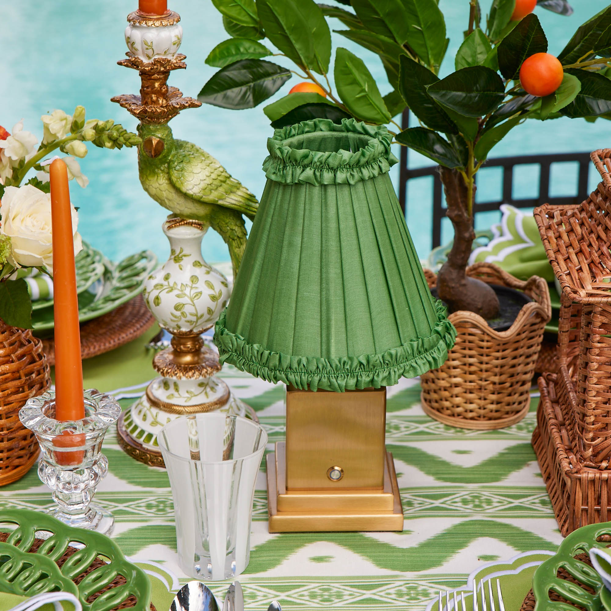 Square Rechargeable Lamp with Green Frilled Shade (18cm)