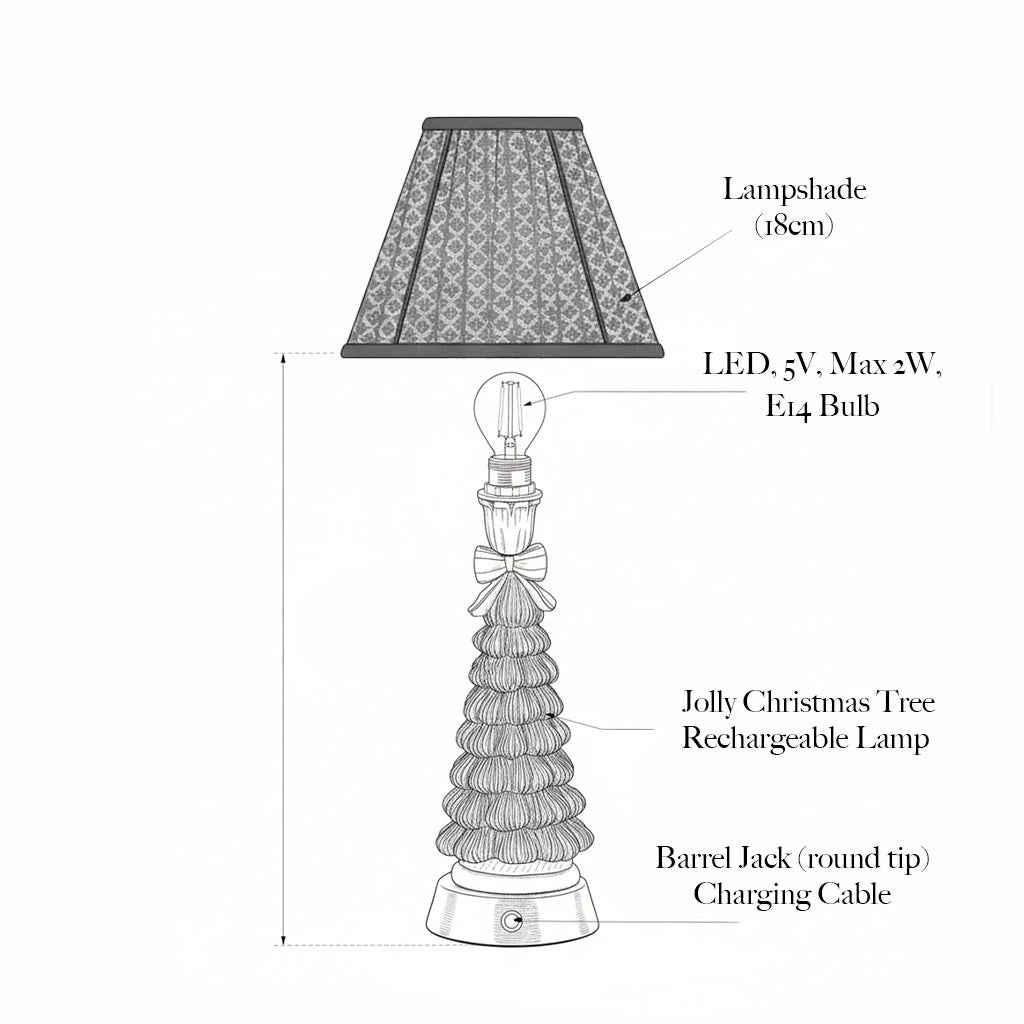 Diagram of a Jolly Christmas Tree rechargeable lamp with labeled parts on a white background.